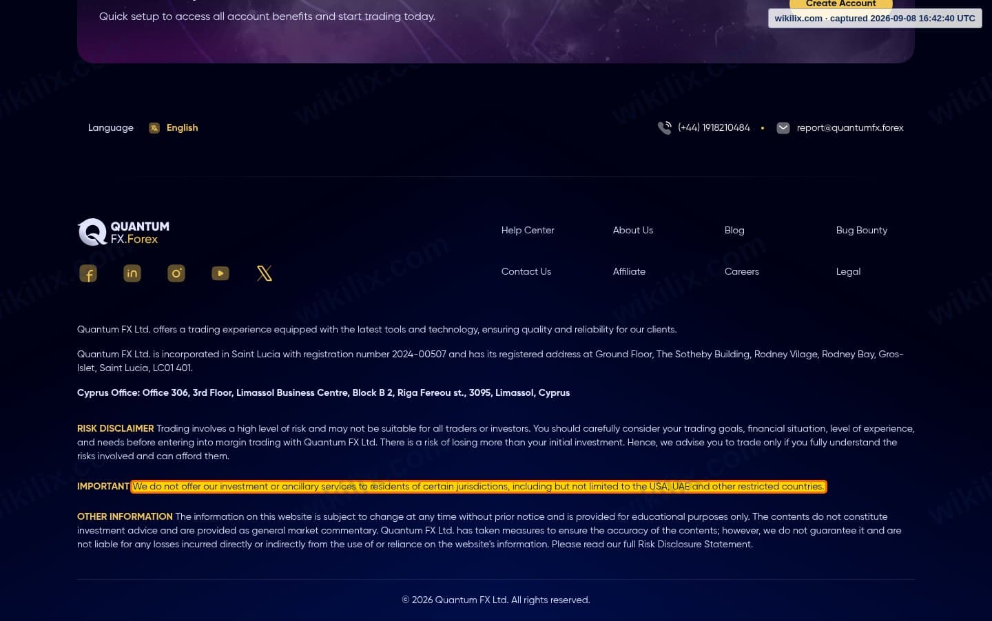 Our full page screenshot of the page this clause sits on, on Quantum FX's site quantumfx.forex, taken on Sep 8, 2026. The quoted words are marked in the image.