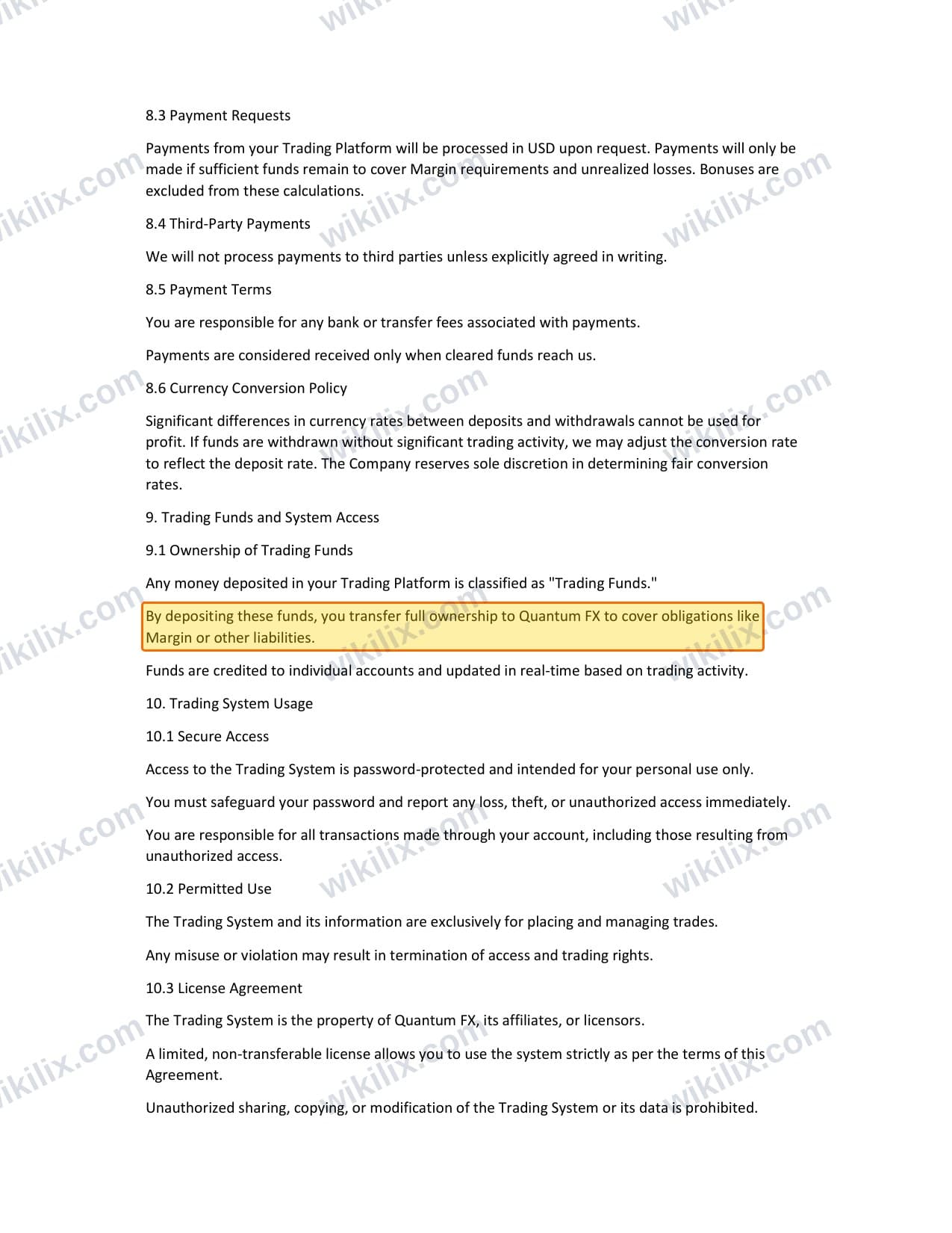 Our full page screenshot of the page this clause sits on, on Quantum FX's site my.quantumfx.forex, taken on Sep 8, 2026. The quoted words are marked in the image.