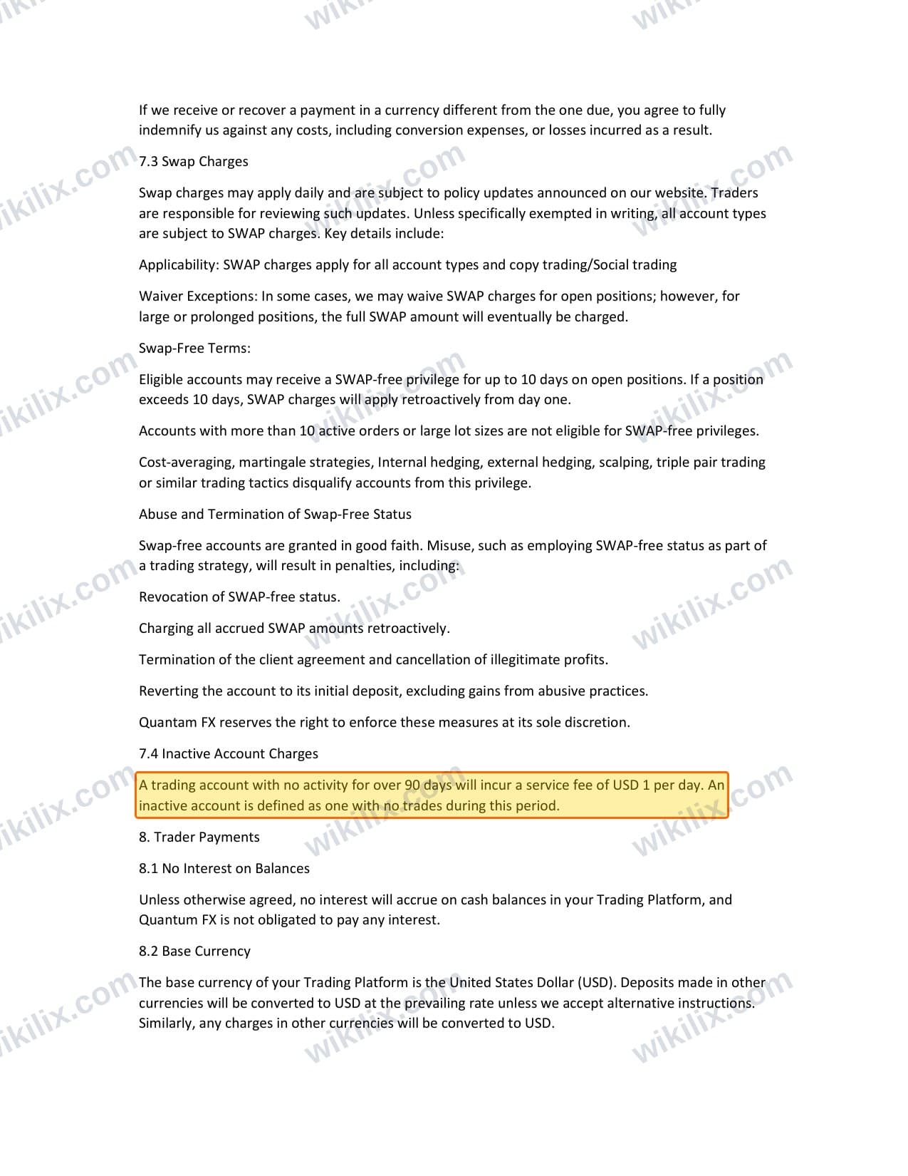 Our full page screenshot of the page this clause sits on, on Quantum FX's site my.quantumfx.forex, taken on Sep 8, 2026. The quoted words are marked in the image.