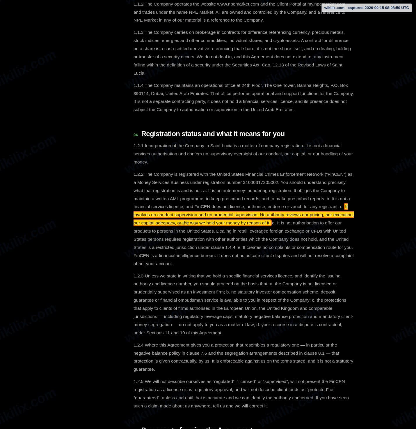 Our full page screenshot of the page this clause sits on, on NPE Market's site npemarket.com, taken on Sep 15, 2026. The quoted words are marked in the image.