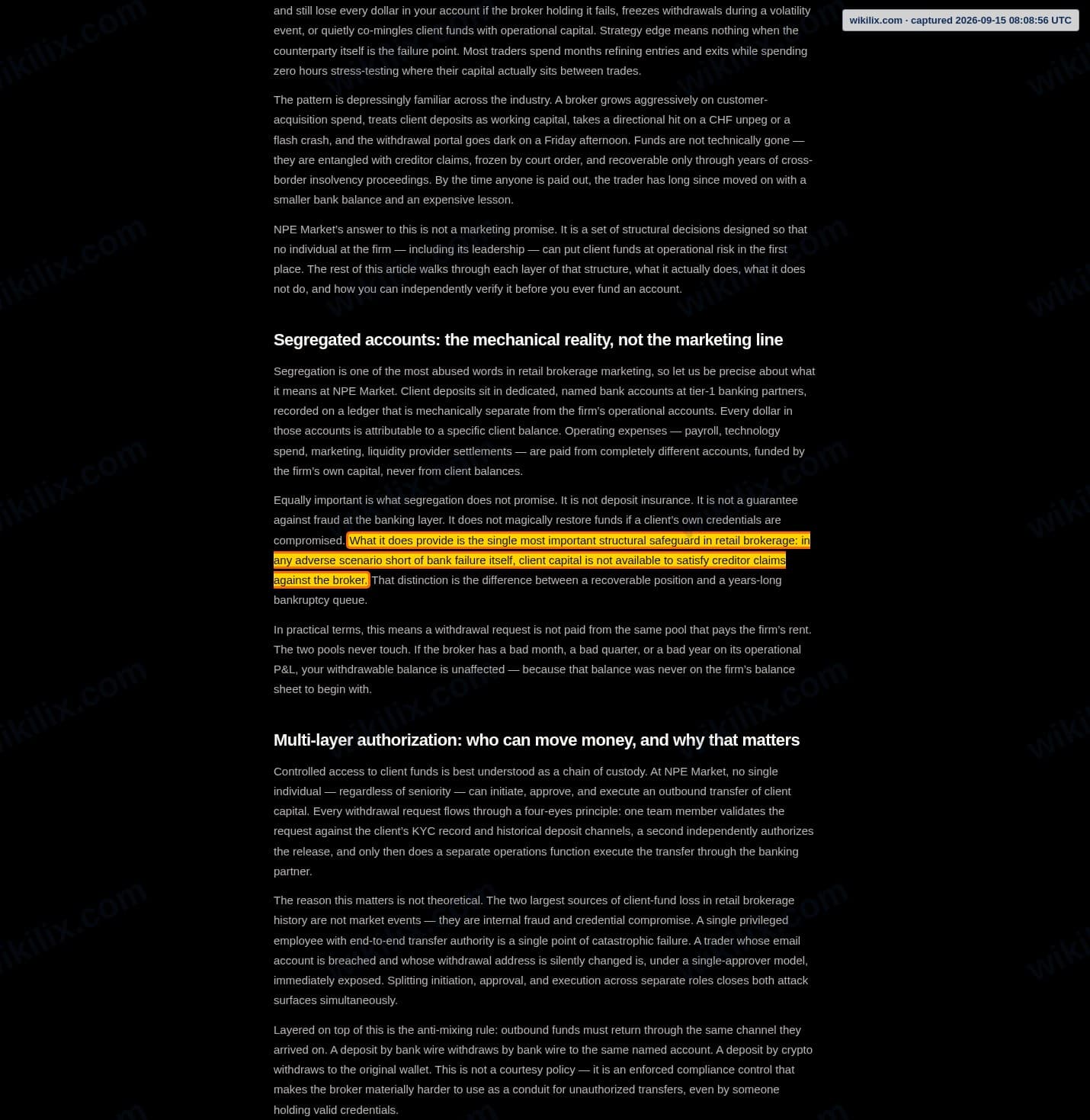 Our full page screenshot of the page that makes this promise, on NPE Market's site npemarket.com, taken on Sep 15, 2026. The quoted words are marked in the image.