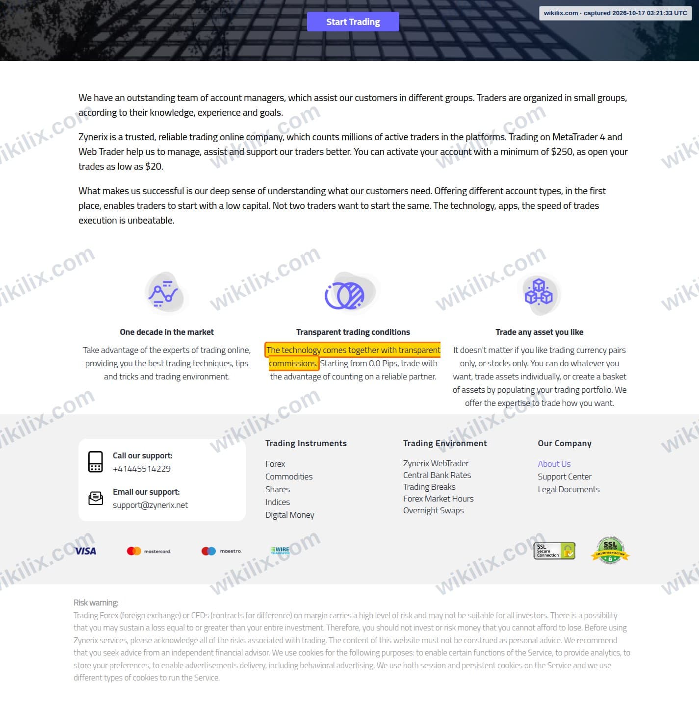 Our full page screenshot of the page that makes this promise, on Zynerix's site zynerix.net, taken on Oct 17, 2026. The quoted words are marked in the image.