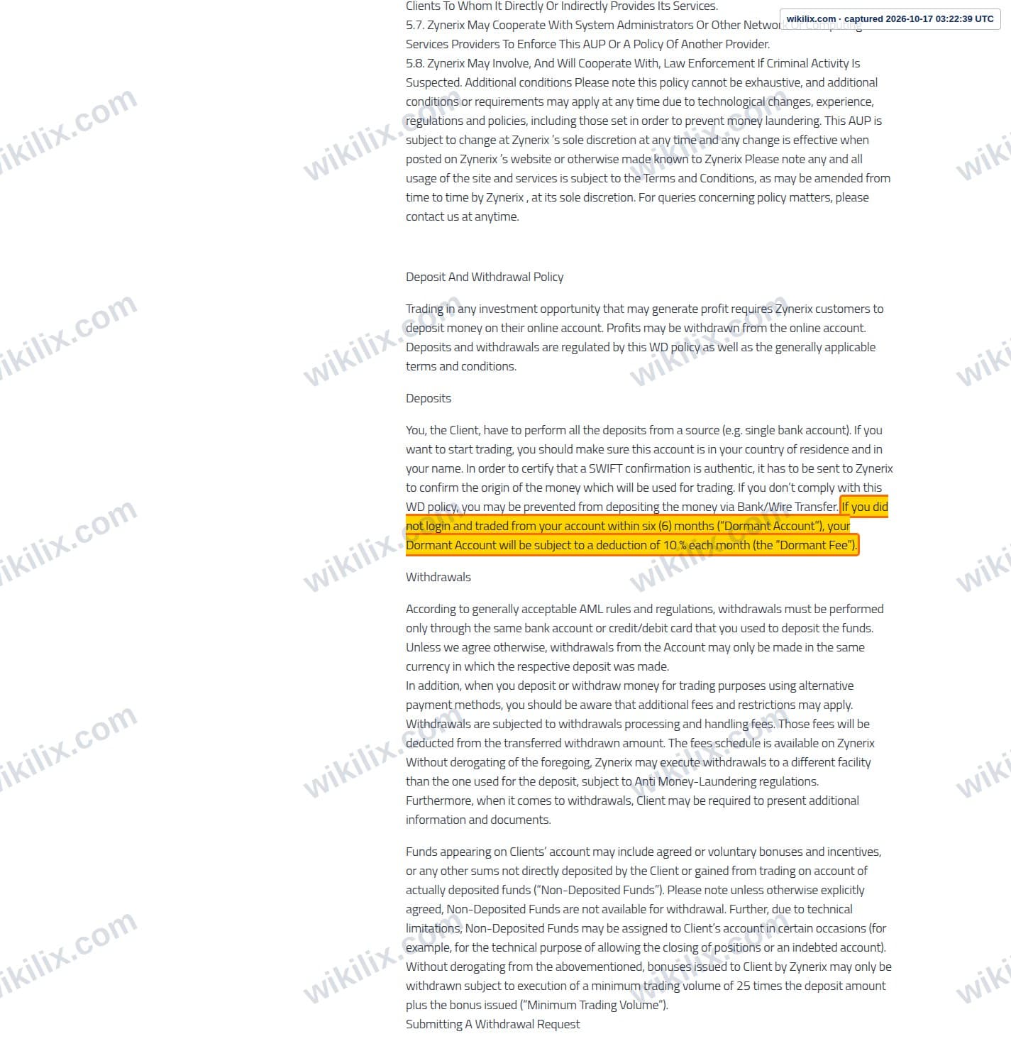 Our full page screenshot of the page this clause sits on, on Zynerix's site zynerix.net, taken on Oct 17, 2026. The quoted words are marked in the image.