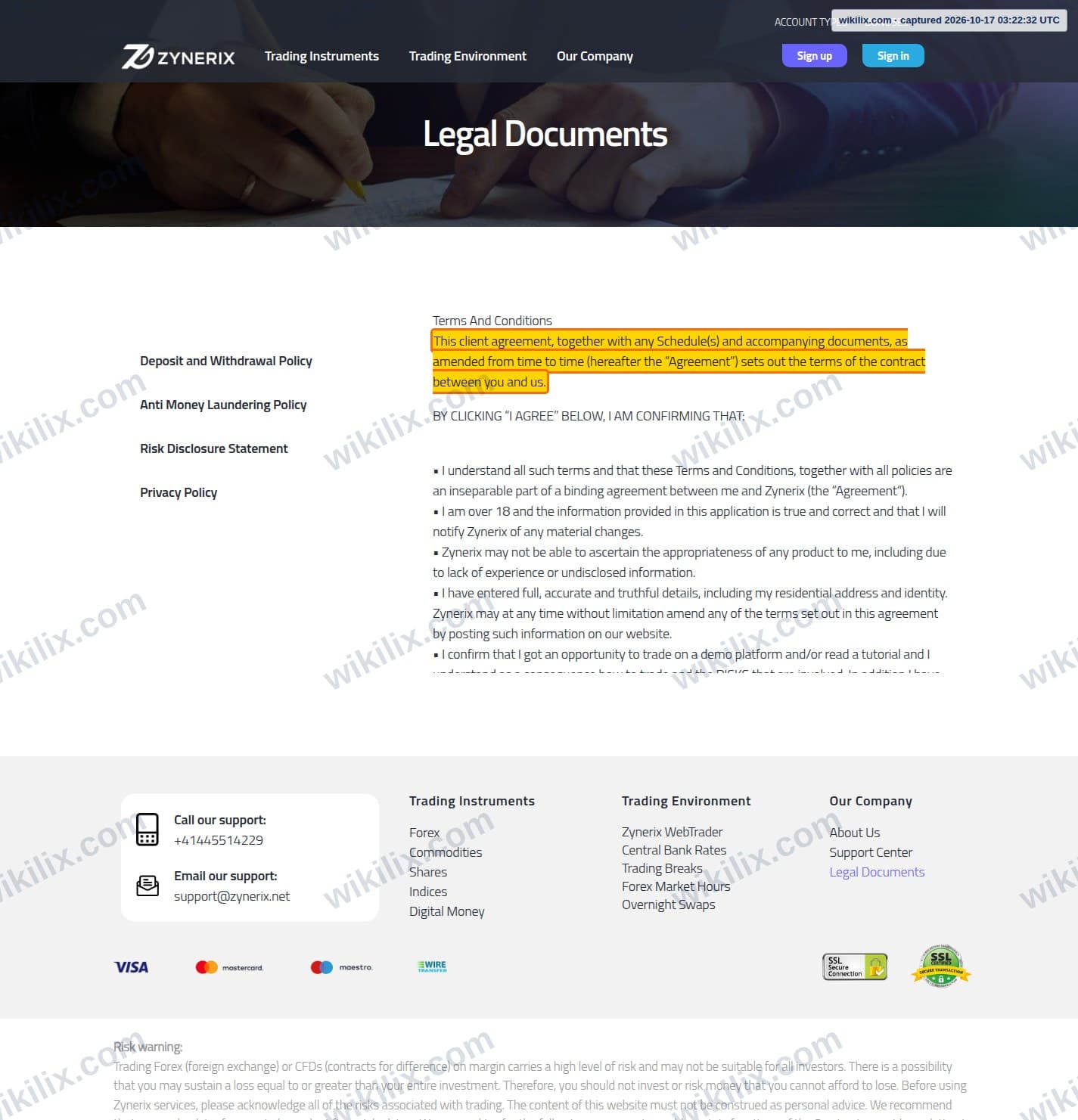 Our full page screenshot of the page this clause sits on, on Zynerix's site zynerix.net, taken on Oct 17, 2026. The quoted words are marked in the image.