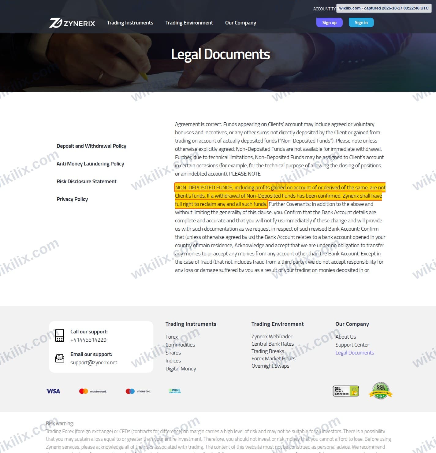 Our full page screenshot of the page this clause sits on, on Zynerix's site zynerix.net, taken on Oct 17, 2026. The quoted words are marked in the image.