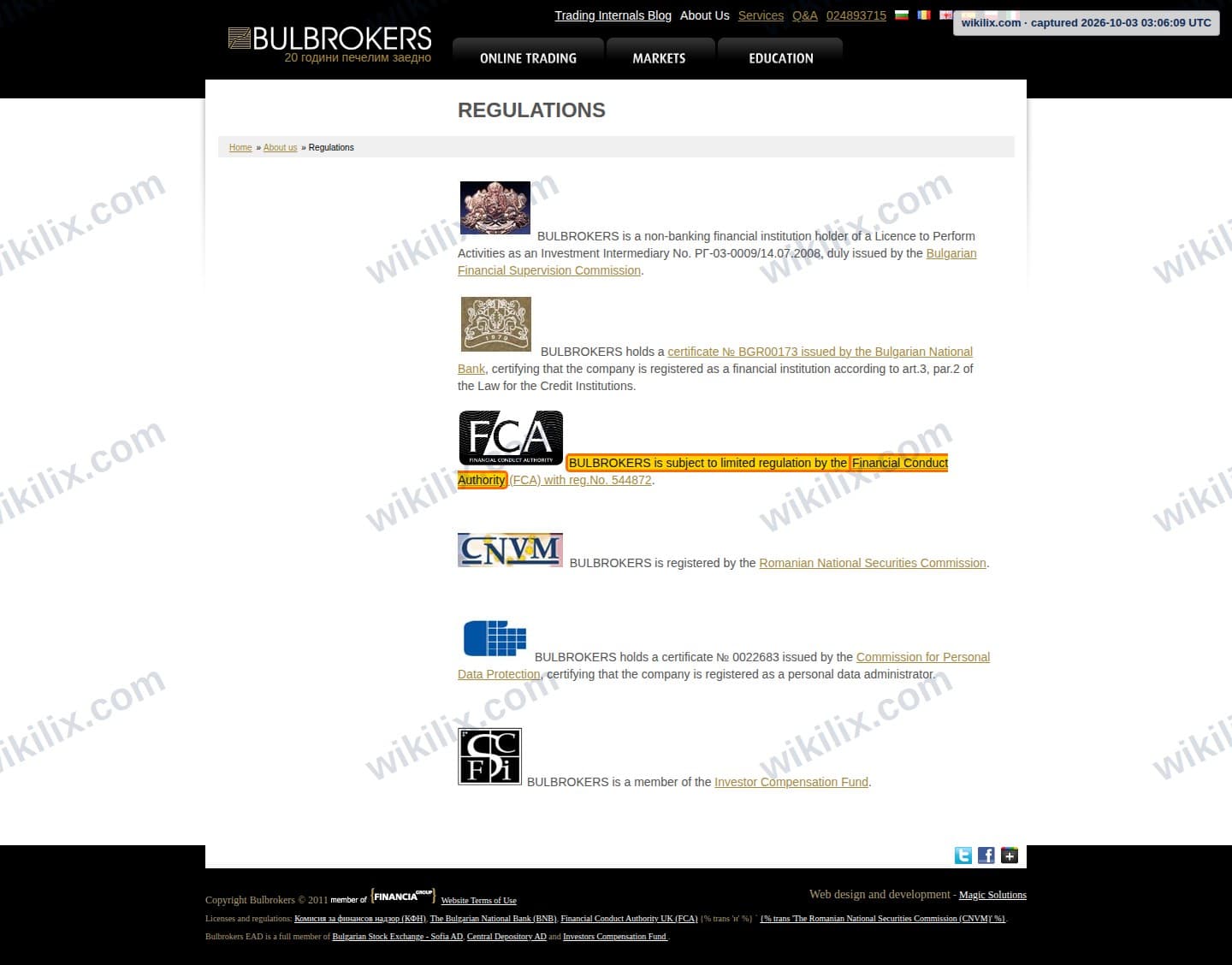 Our full page screenshot of the page this clause sits on, on BULBROKERS's site web.archive.org, taken on Oct 3, 2026. The quoted words are marked in the image.