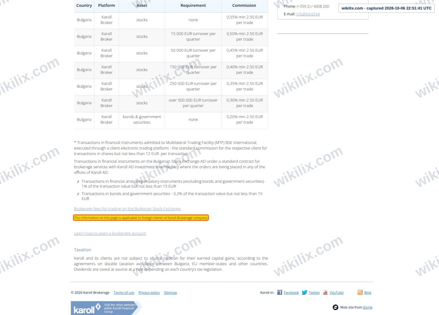 Our full page screenshot of the page that makes this promise, on Karoll Brokerage's site karollbroker.bg, taken on Oct 6, 2026. The quoted words are marked in the image.