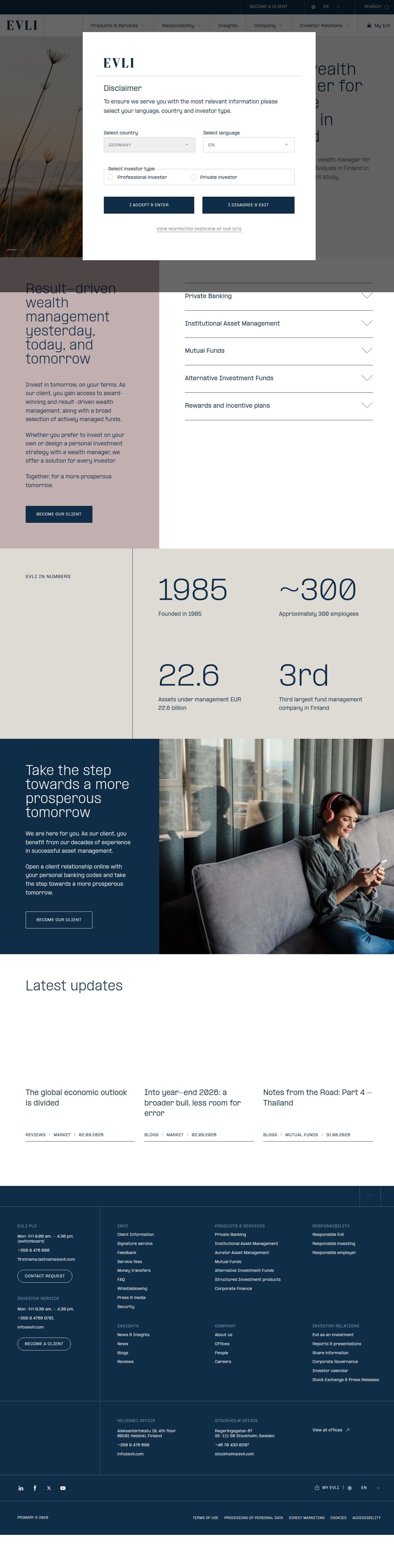 Homepage of evli.com as we captured it