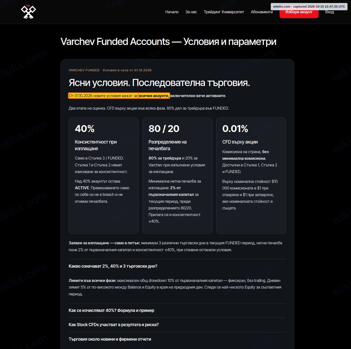 Our full page screenshot of the page this clause sits on, on Varchev Finance's site varchev.com, taken on Oct 10, 2026. The quoted words are marked in the image.