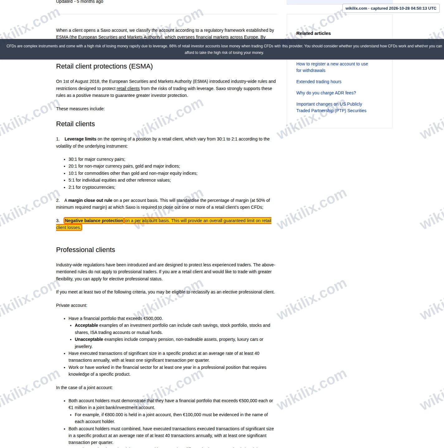 Our full page screenshot of the page that makes this promise, on Saxo's site help.saxo, taken on Oct 28, 2026. The quoted words are marked in the image.