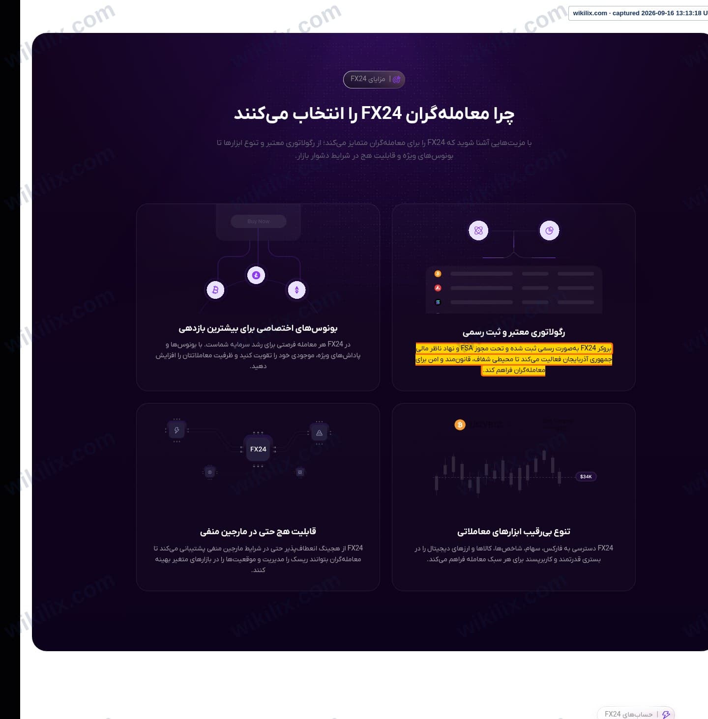 Our full page screenshot of the page that makes this promise, on FX24's site fx24.market, taken on Sep 16, 2026. The quoted words are marked in the image.