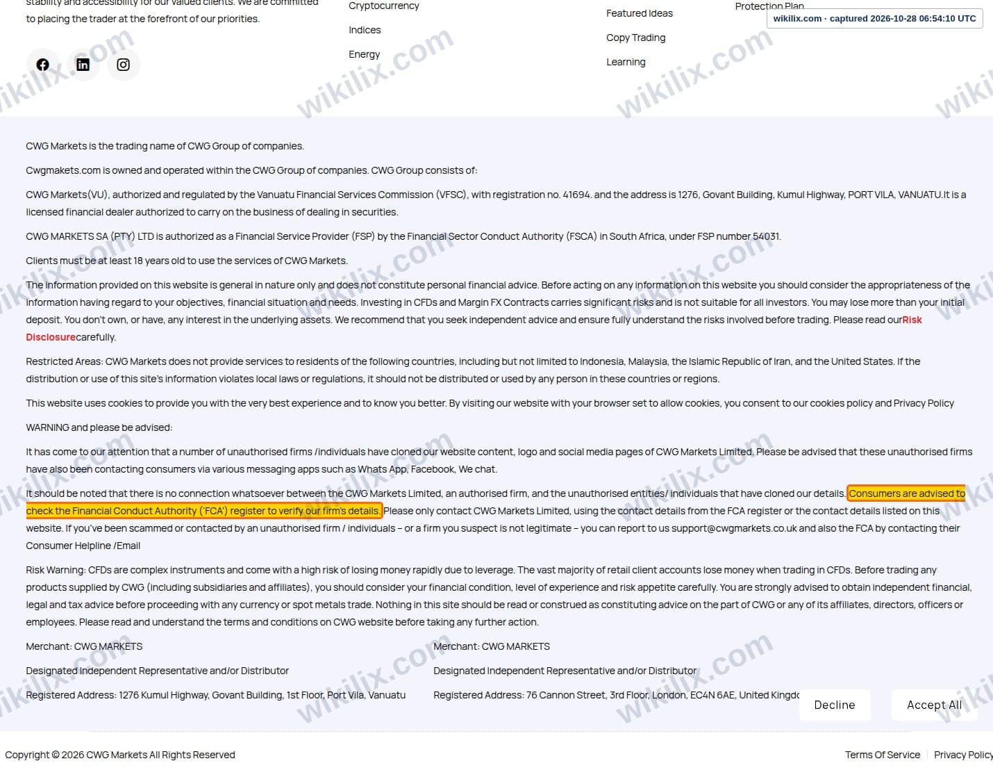 Our full page screenshot of the page that makes this promise, on CWG Markets's site cwgplatform.com, taken on Oct 28, 2026. The quoted words are marked in the image.