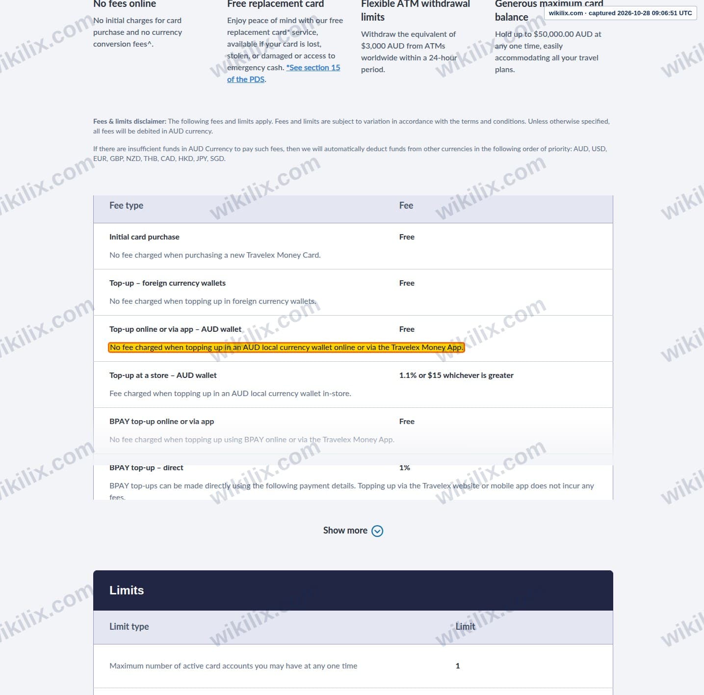 Our full page screenshot of the page that makes this promise, on Travelex's site travelex.com.au, taken on Oct 28, 2026. The quoted words are marked in the image.