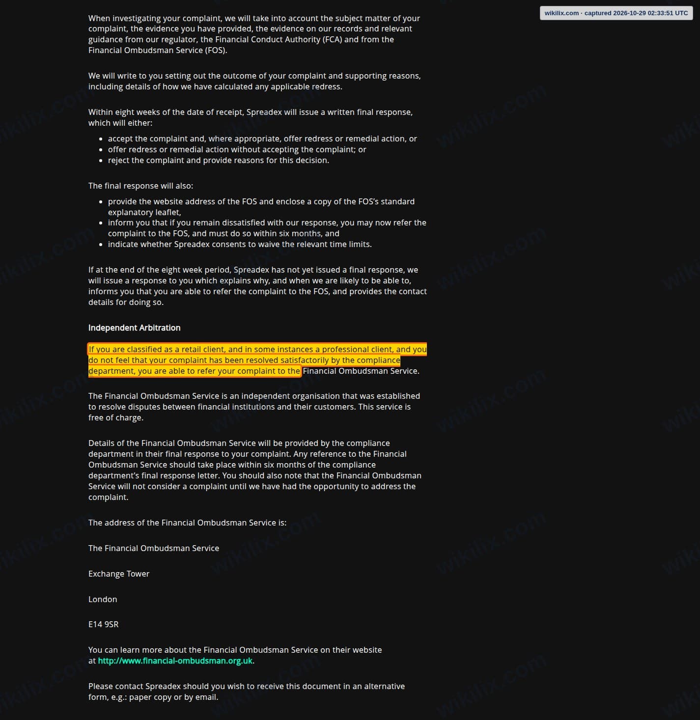Our full page screenshot of the page that makes this promise, on Spreadex's site spreadex.com, taken on Oct 29, 2026. The quoted words are marked in the image.