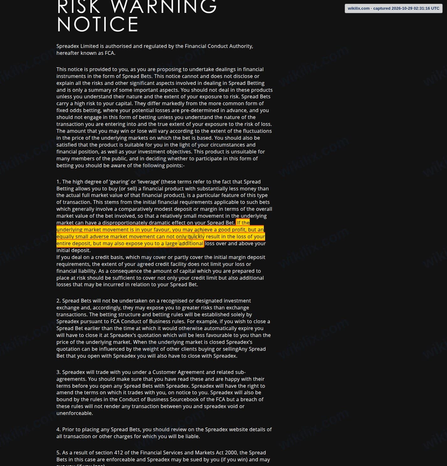 Our full page screenshot of the page this clause sits on, on Spreadex's site spreadex.com, taken on Oct 29, 2026. The quoted words are marked in the image.