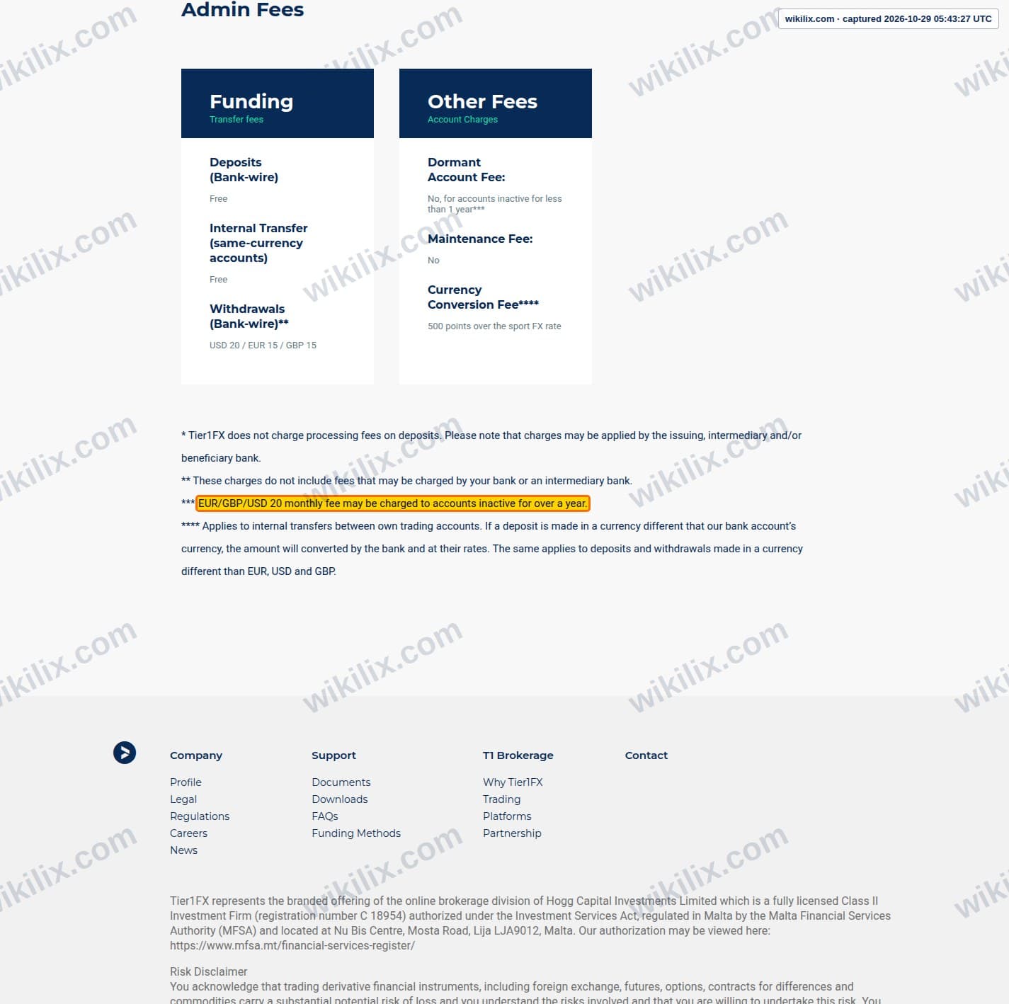 Our full page screenshot of the page this clause sits on, on Tier1FX's site tier1fx.com, taken on Oct 29, 2026. The quoted words are marked in the image.