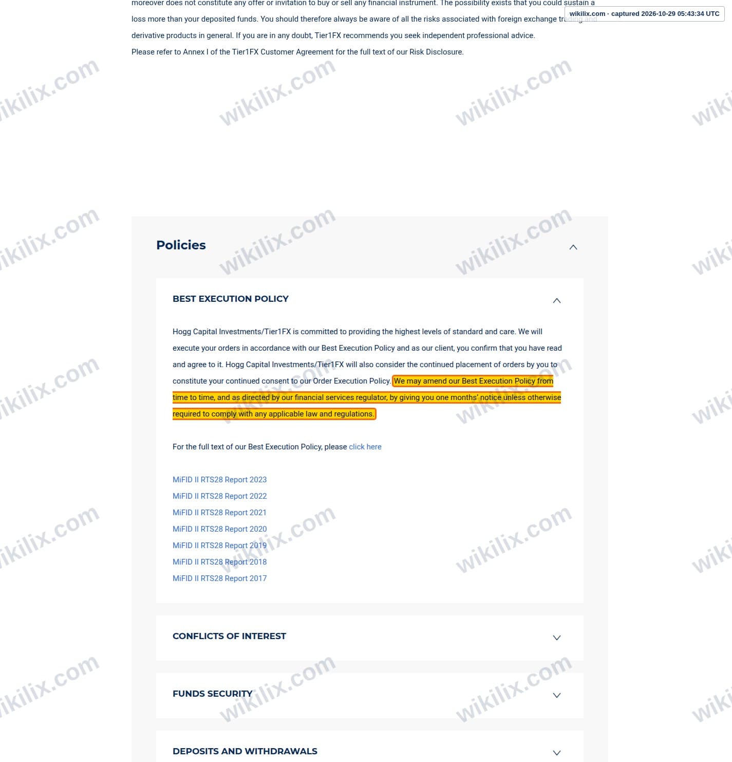 Our full page screenshot of the page that makes this promise, on Tier1FX's site tier1fx.com, taken on Oct 29, 2026. The quoted words are marked in the image.