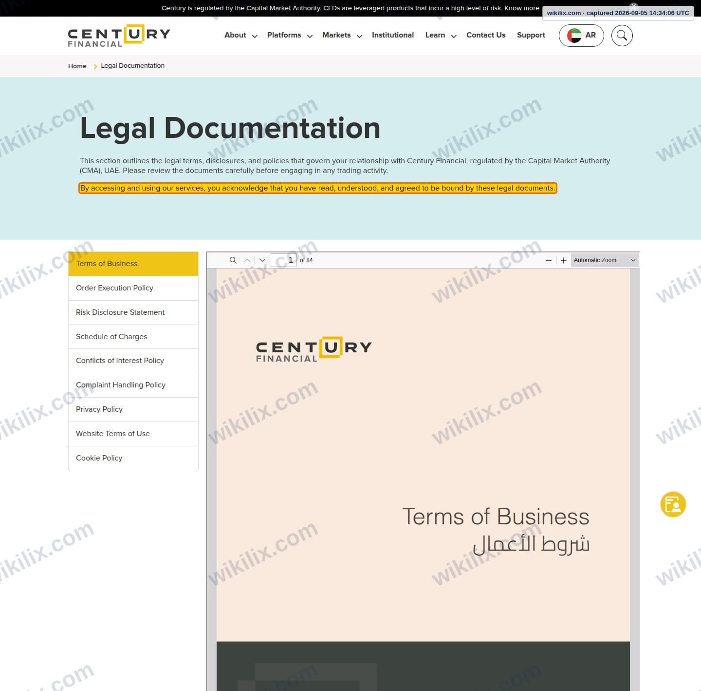 Our full page screenshot of the page this clause sits on, on Century Financial's site century.ae, taken on Sep 5, 2026. The quoted words are marked in the image.