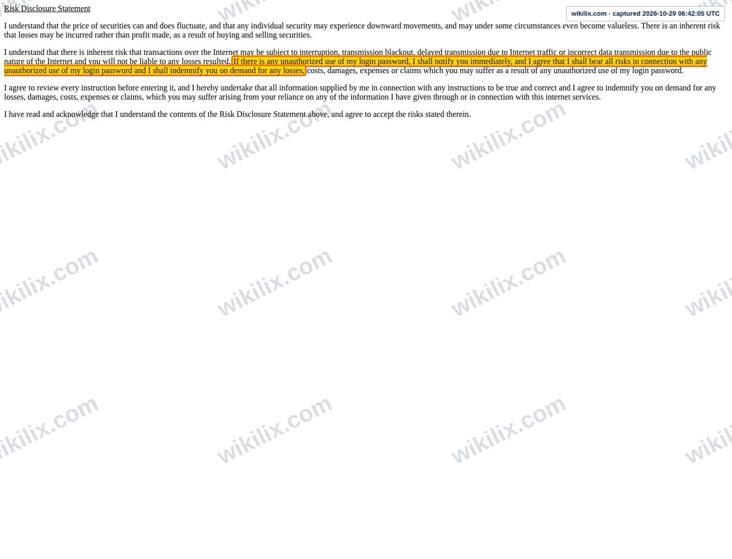Our full page screenshot of the page this clause sits on, on WOCOM's site itrade.wocom.com.hk, taken on Oct 29, 2026. The quoted words are marked in the image.