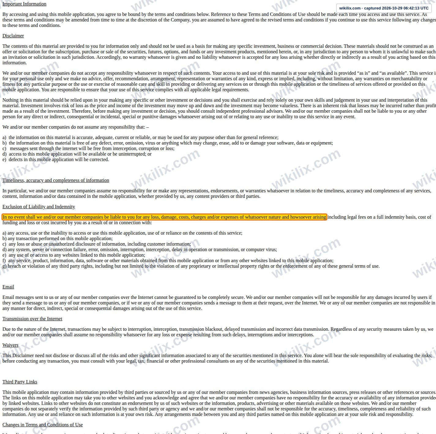 Our full page screenshot of the page this clause sits on, on WOCOM's site itrade.wocom.com.hk, taken on Oct 29, 2026. The quoted words are marked in the image.