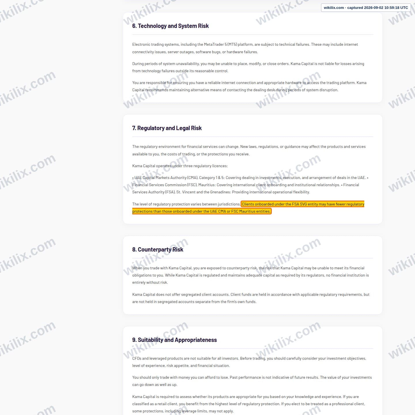 Our full page screenshot of the page this clause sits on, on KAMA Capital's site kama-capital.com, taken on Sep 2, 2026. The quoted words are marked in the image.