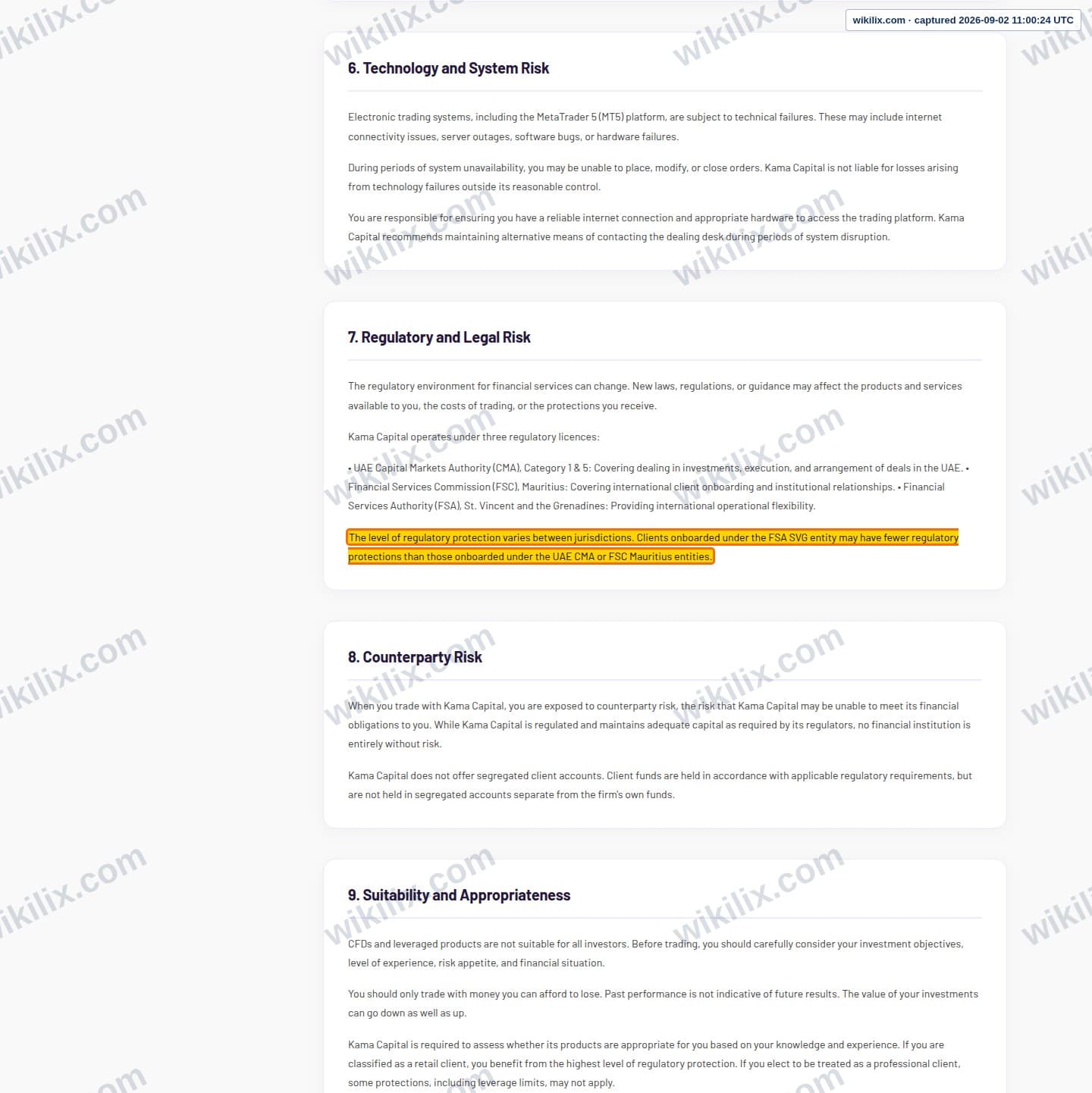 Our full page screenshot of the page this clause sits on, on KAMA Capital's site kama-capital.com, taken on Sep 2, 2026. The quoted words are marked in the image.