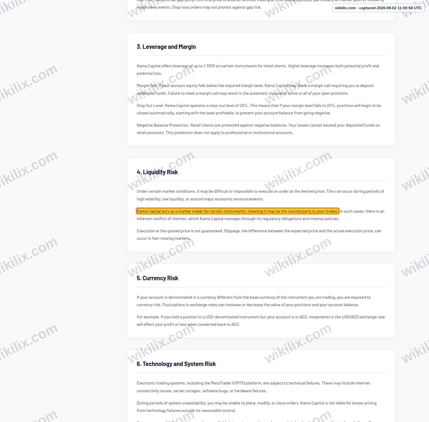 Our full page screenshot of the page this clause sits on, on KAMA Capital's site kama-capital.com, taken on Sep 2, 2026. The quoted words are marked in the image.