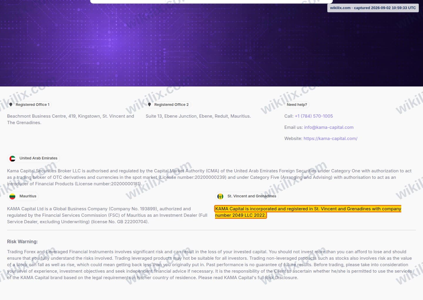 Our full page screenshot of the page this clause sits on, on KAMA Capital's site account.kama-capital.com, taken on Sep 2, 2026. The quoted words are marked in the image.