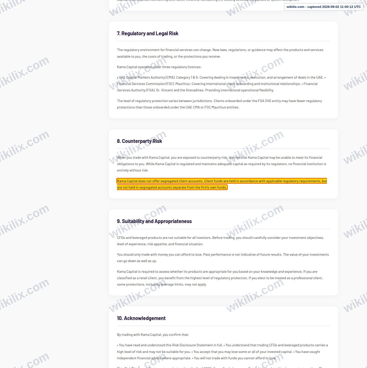 Our full page screenshot of the page this clause sits on, on KAMA Capital's site kama-capital.com, taken on Sep 2, 2026. The quoted words are marked in the image.