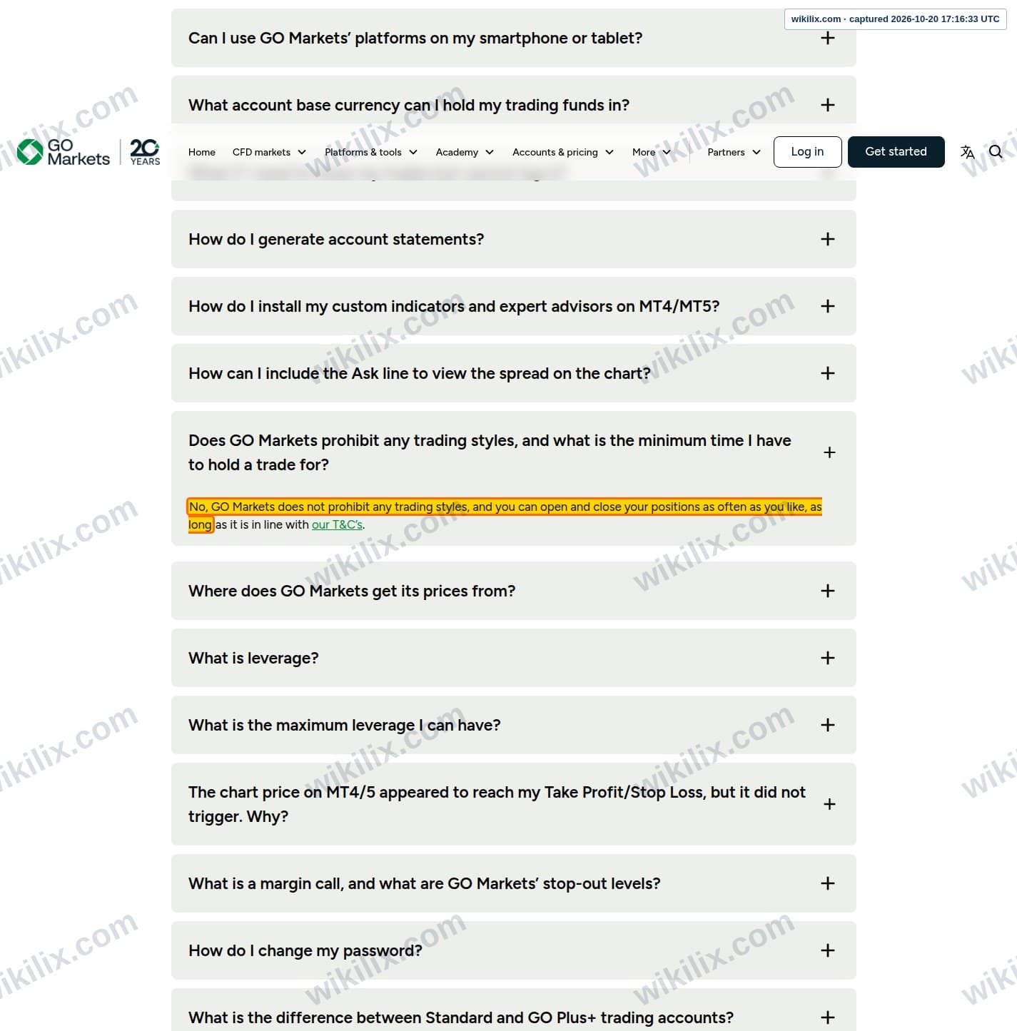 Our full page screenshot of the page that makes this promise, on GO Markets's site gomarkets.com, taken on Oct 20, 2026. The quoted words are marked in the image.