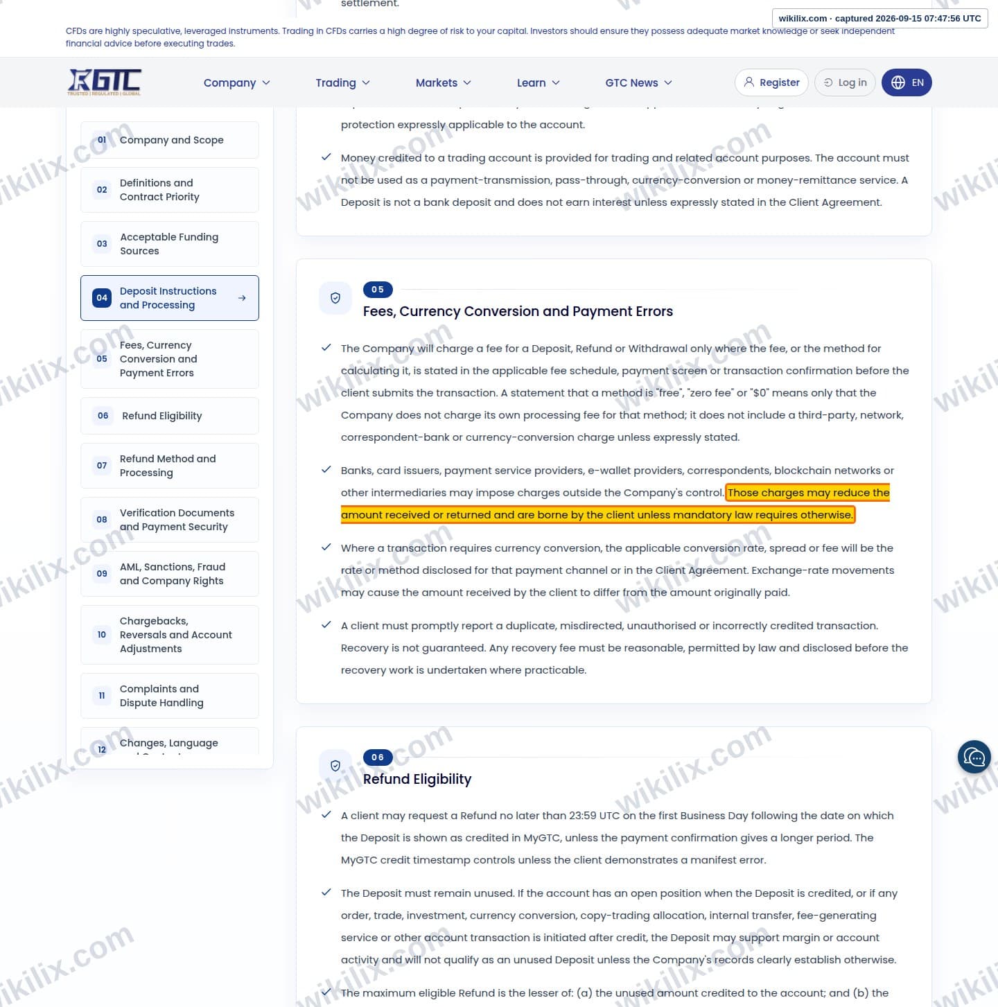 Our full page screenshot of the page this clause sits on, on GTCFX's site gtcfx.com, taken on Sep 15, 2026. The quoted words are marked in the image.