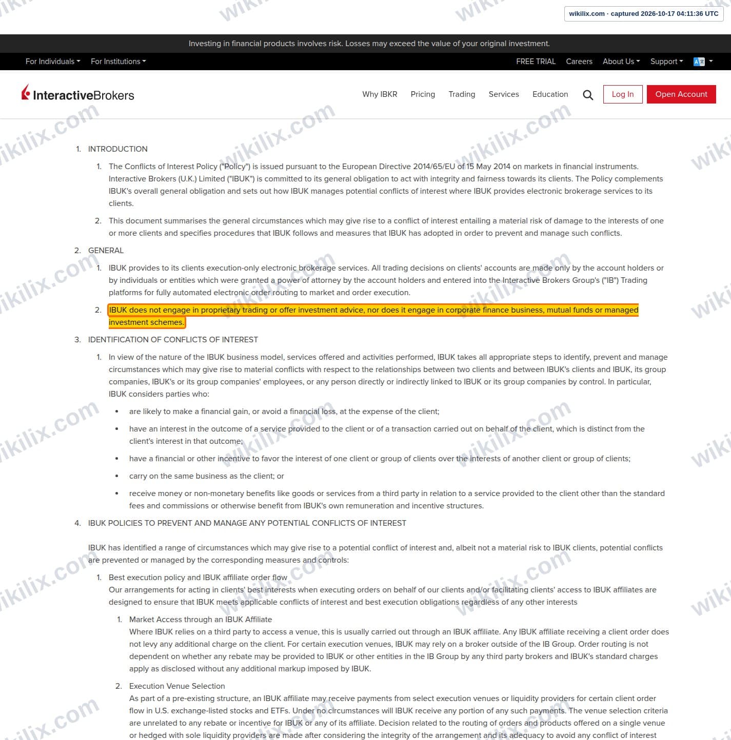 Our full page screenshot of the page that makes this promise, on InteractiveBrokers's site interactivebrokers.co.uk, taken on Oct 17, 2026. The quoted words are marked in the image.