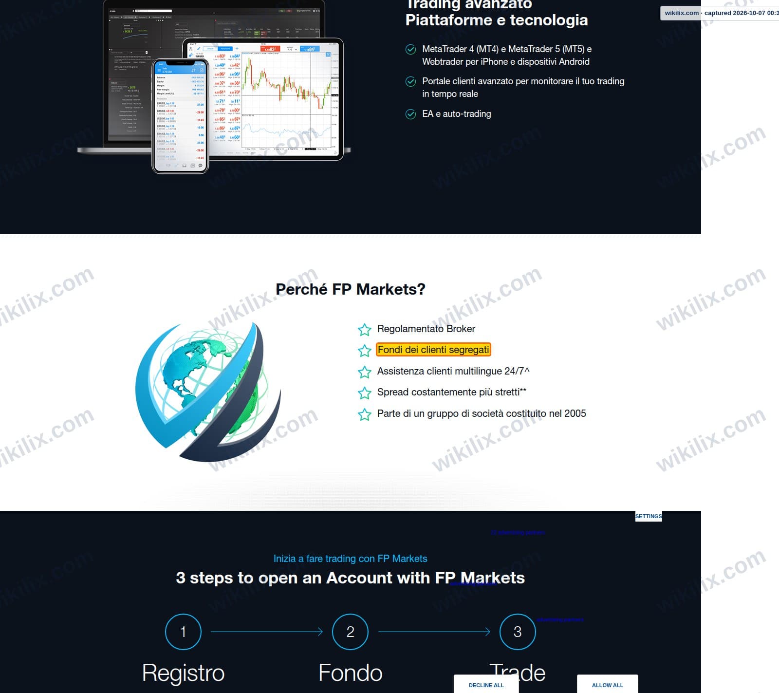 Our full page screenshot of the page that makes this promise, on FP Markets's site fpmarkets.eu, taken on Oct 7, 2026. The quoted words are marked in the image.