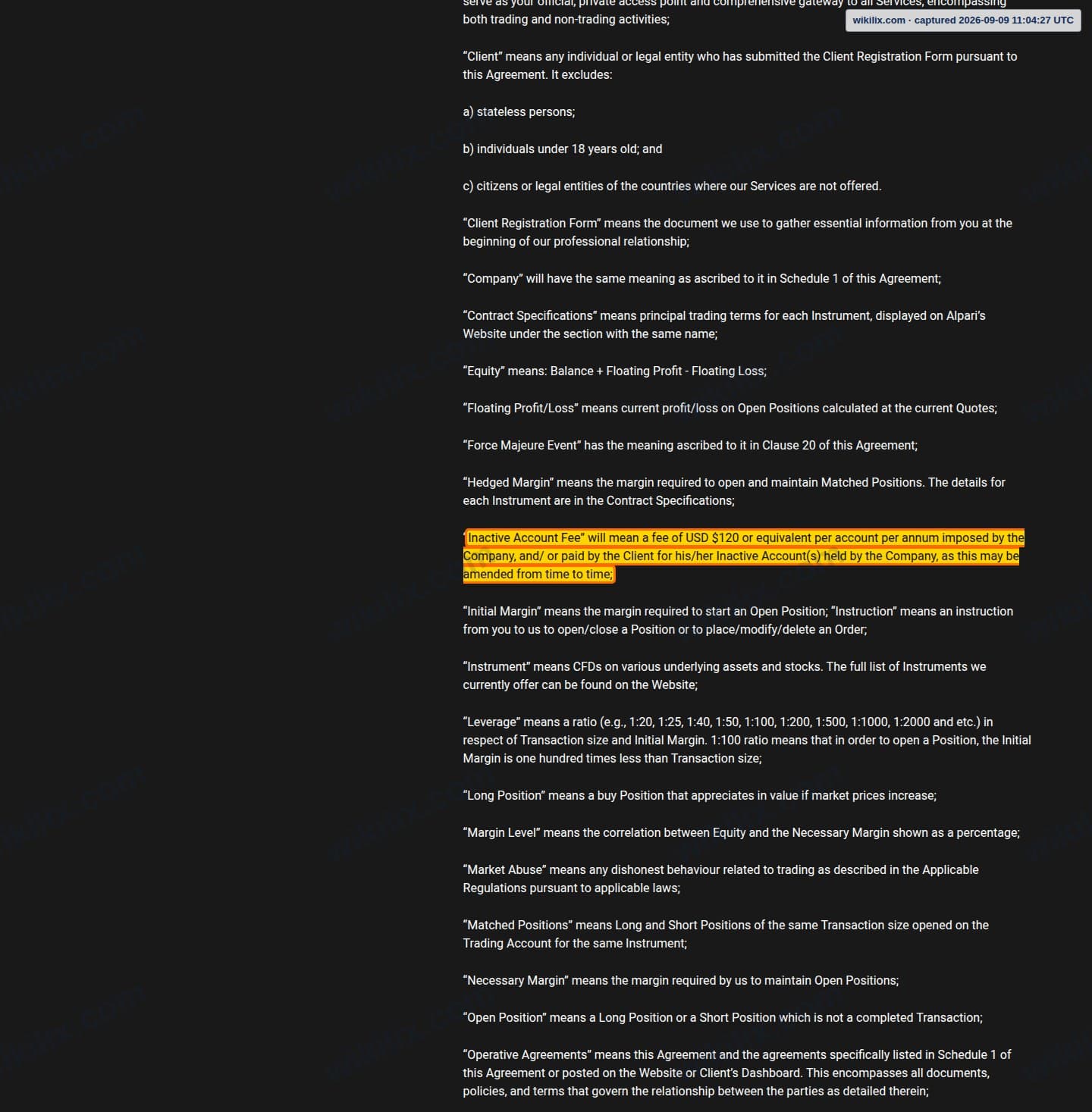 Our full page screenshot of the page this clause sits on, on Alpari's site alpari.com, taken on Sep 9, 2026. The quoted words are marked in the image.