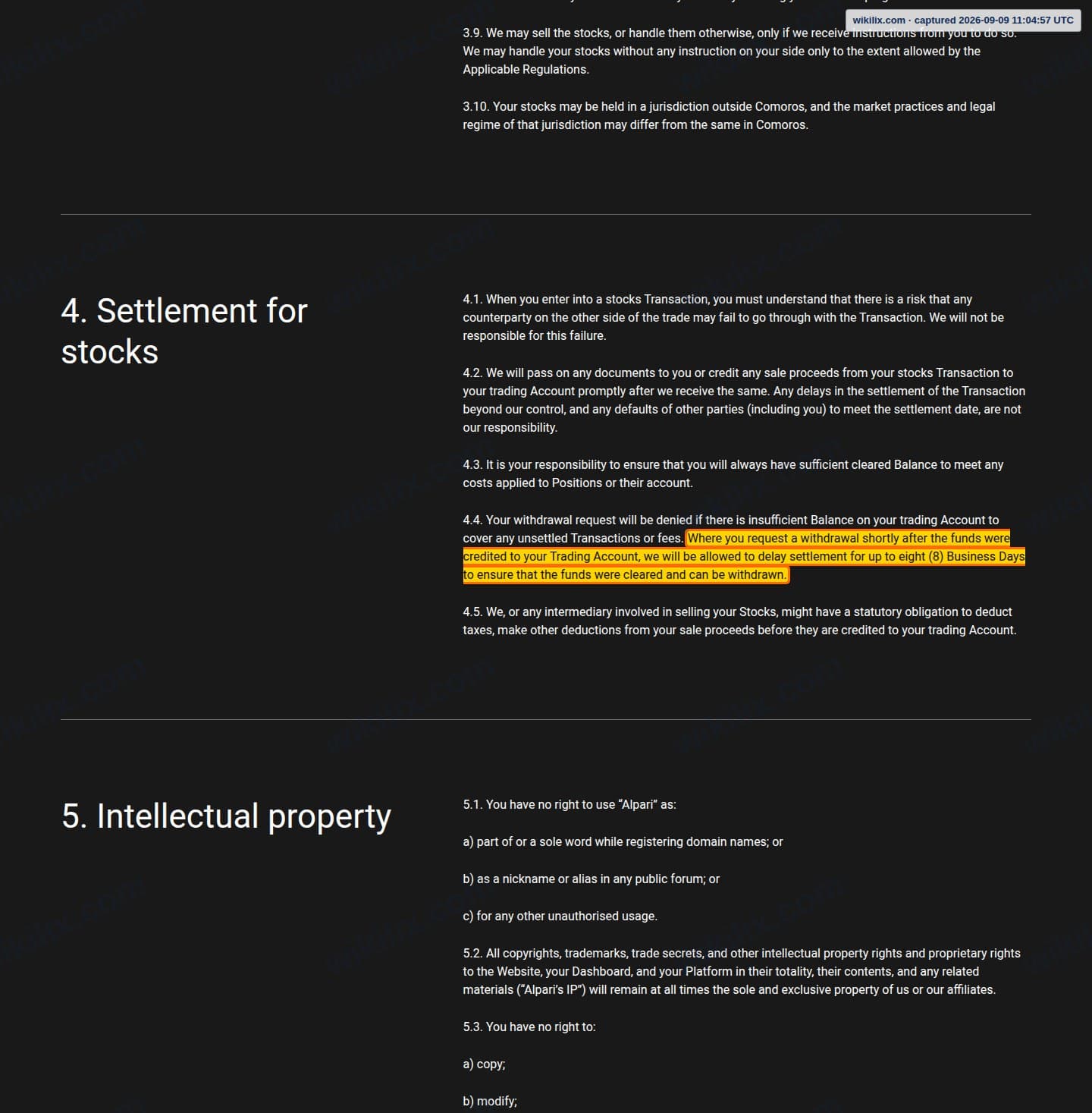 Our full page screenshot of the page this clause sits on, on Alpari's site alpari.com, taken on Sep 9, 2026. The quoted words are marked in the image.