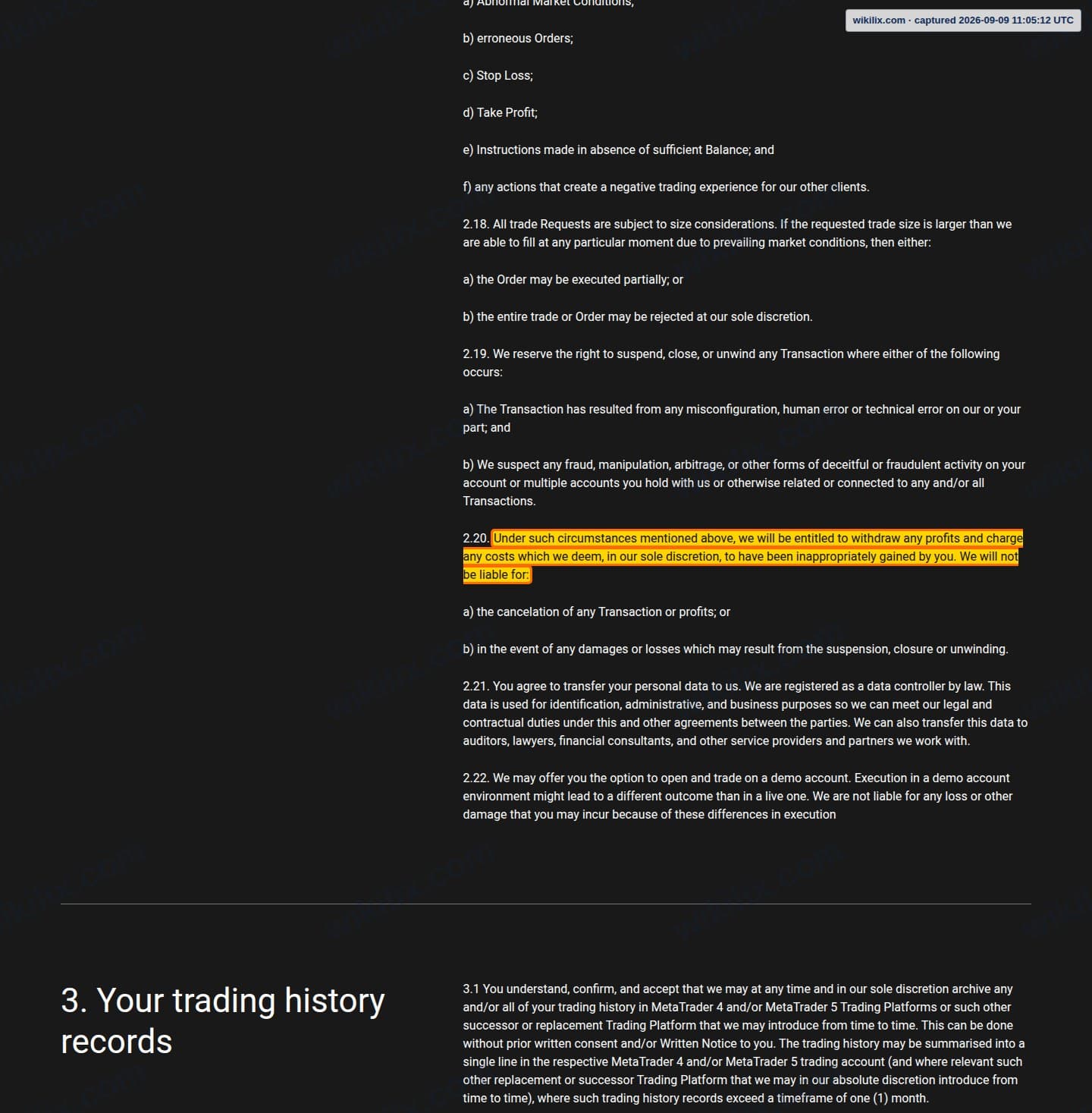 Our full page screenshot of the page this clause sits on, on Alpari's site alpari.com, taken on Sep 9, 2026. The quoted words are marked in the image.