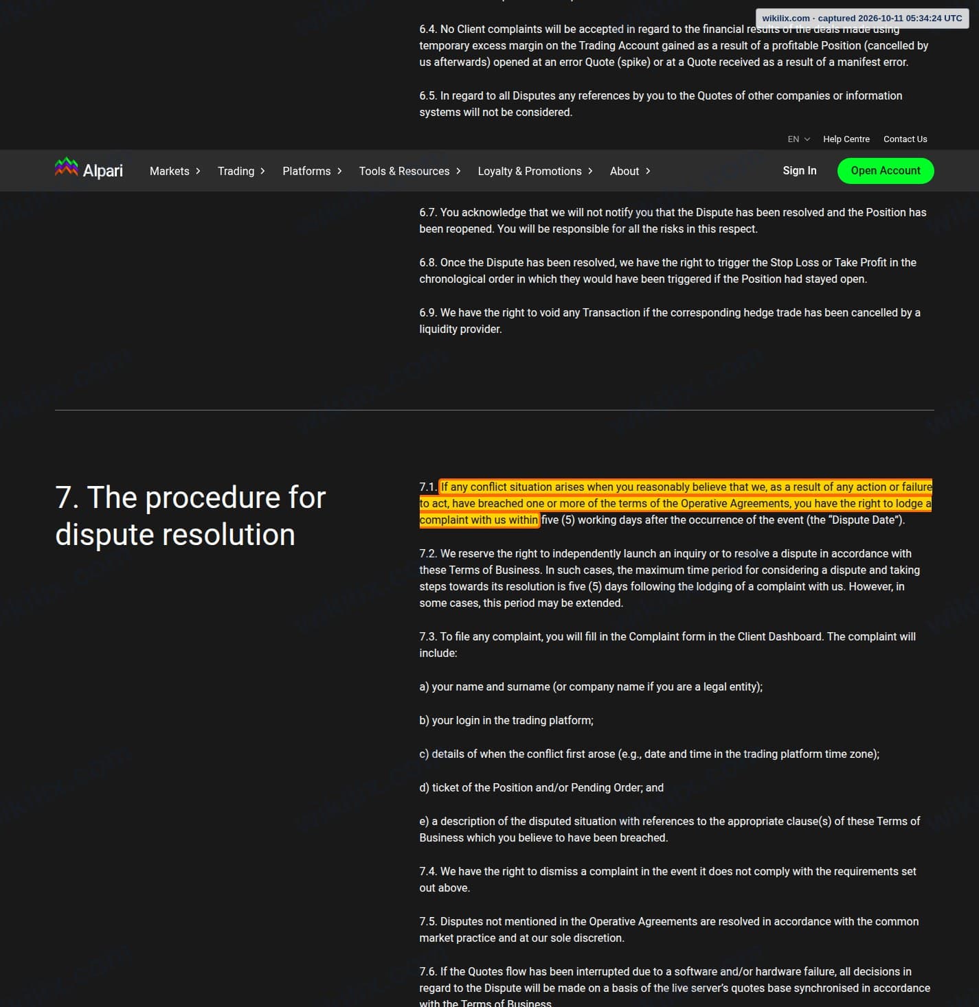 Our full page screenshot of the page this clause sits on, on Alpari's site alpari.com, taken on Oct 11, 2026. The quoted words are marked in the image.