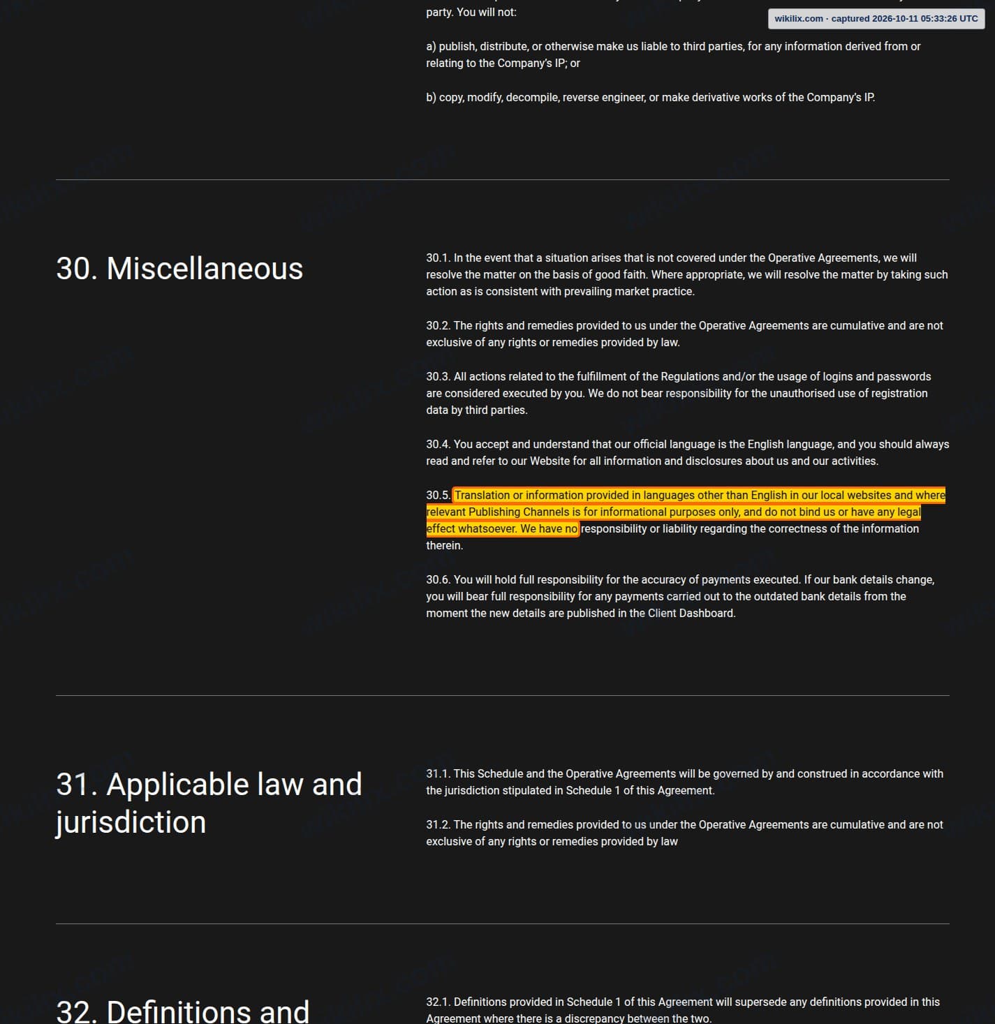 Our full page screenshot of the page this clause sits on, on Alpari's site alpari.com, taken on Oct 11, 2026. The quoted words are marked in the image.