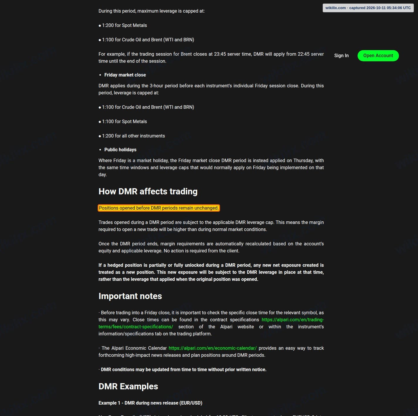 Our full page screenshot of the page that makes this promise, on Alpari's site alpari.com, taken on Oct 11, 2026. The quoted words are marked in the image.