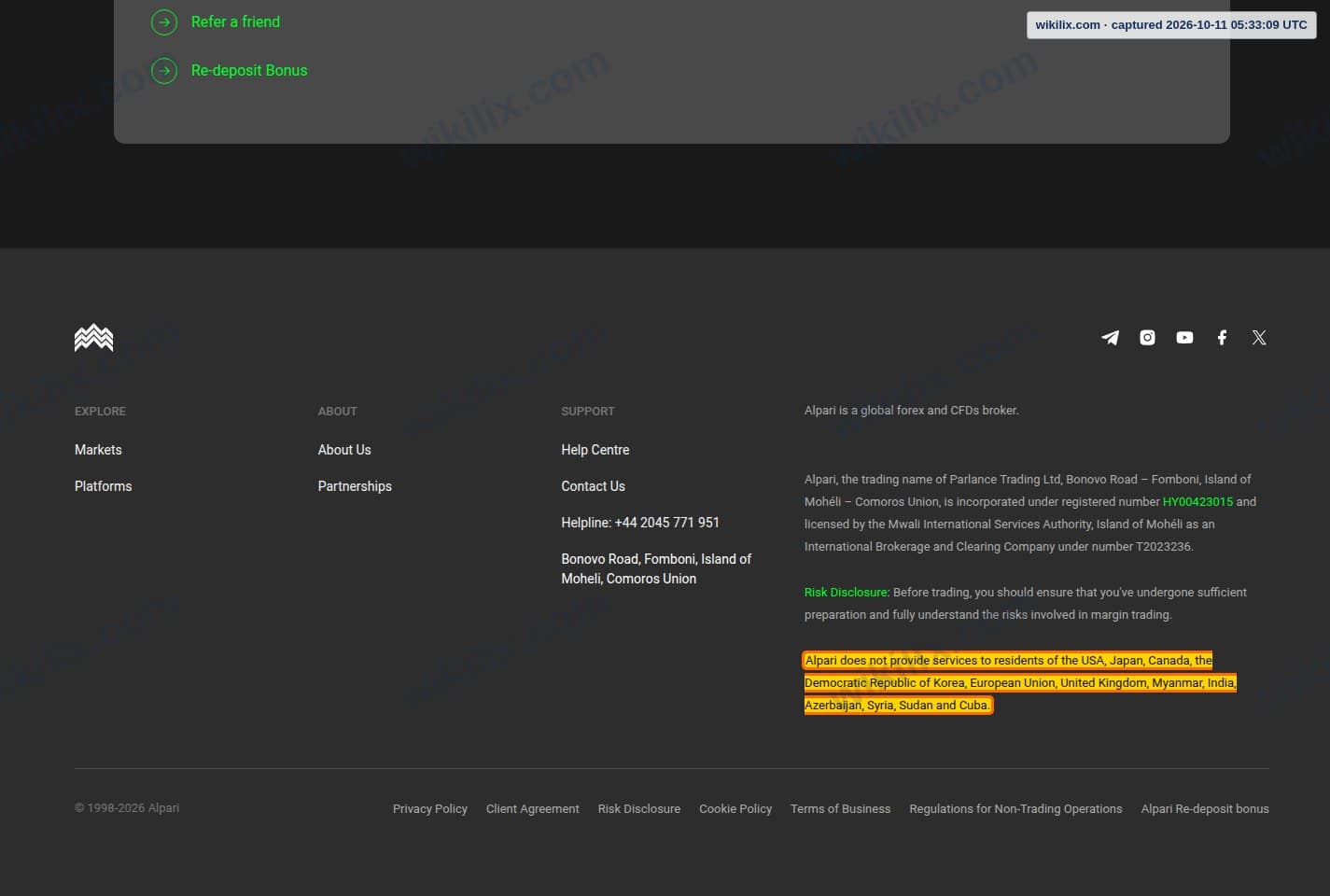 Our full page screenshot of the page this clause sits on, on Alpari's site alpari.com, taken on Oct 11, 2026. The quoted words are marked in the image.