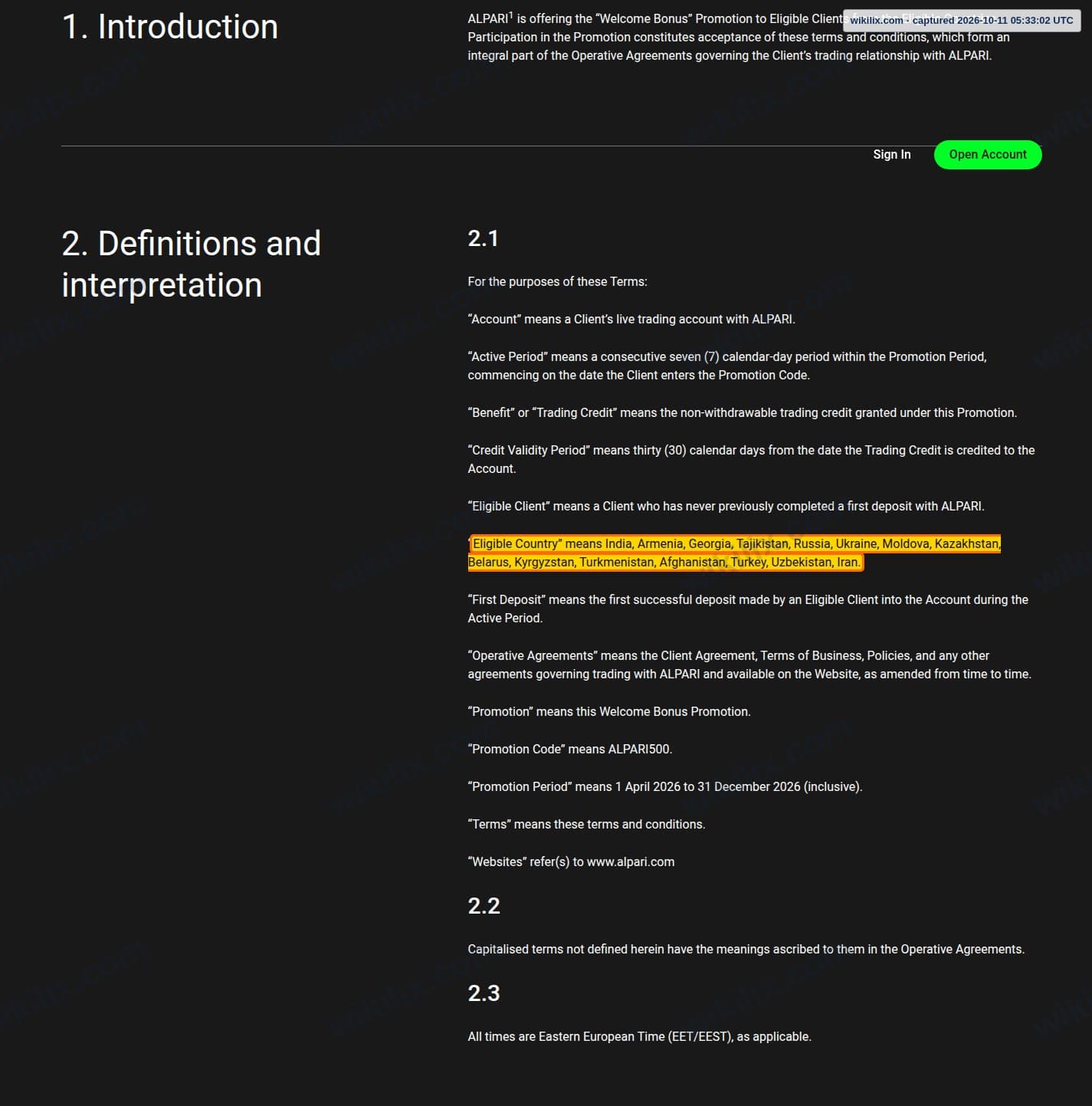 Our full page screenshot of the page that makes this promise, on Alpari's site alpari.com, taken on Oct 11, 2026. The quoted words are marked in the image.