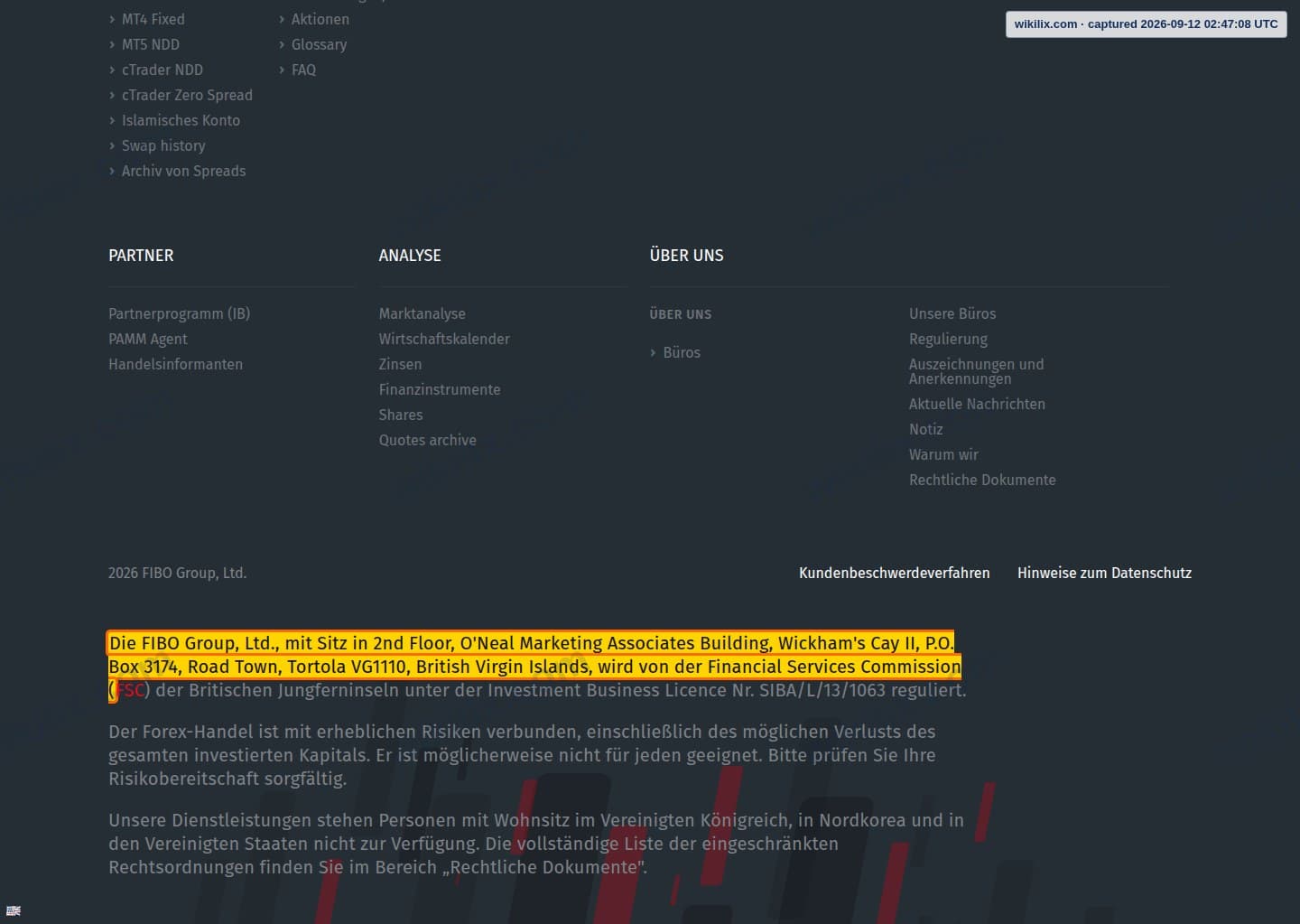 Our full page screenshot of the page that makes this promise, on FIBOGROUP's site de.fibogroup.com, taken on Sep 12, 2026. The quoted words are marked in the image.
