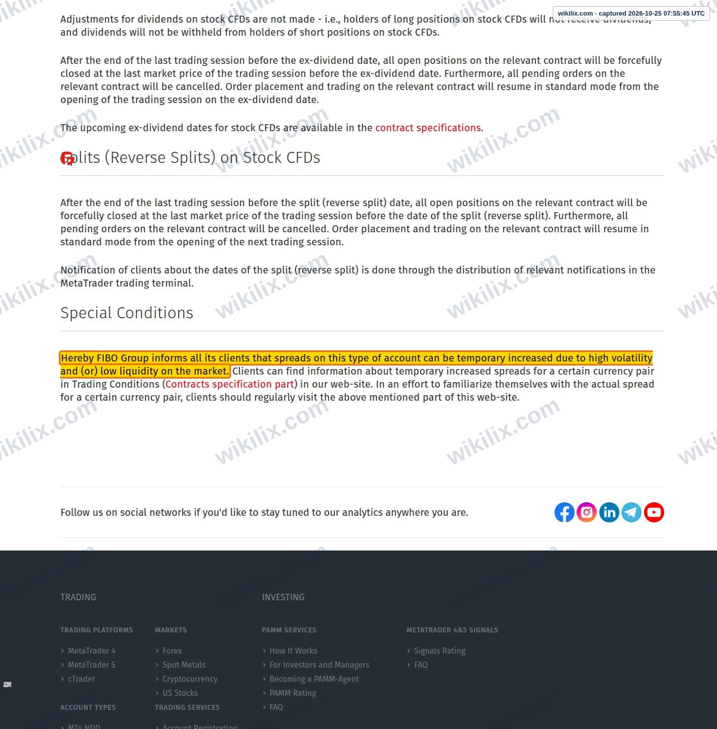 Our full page screenshot of the page this clause sits on, on FIBO Group's site fibogroup.com, taken on Oct 25, 2026. The quoted words are marked in the image.