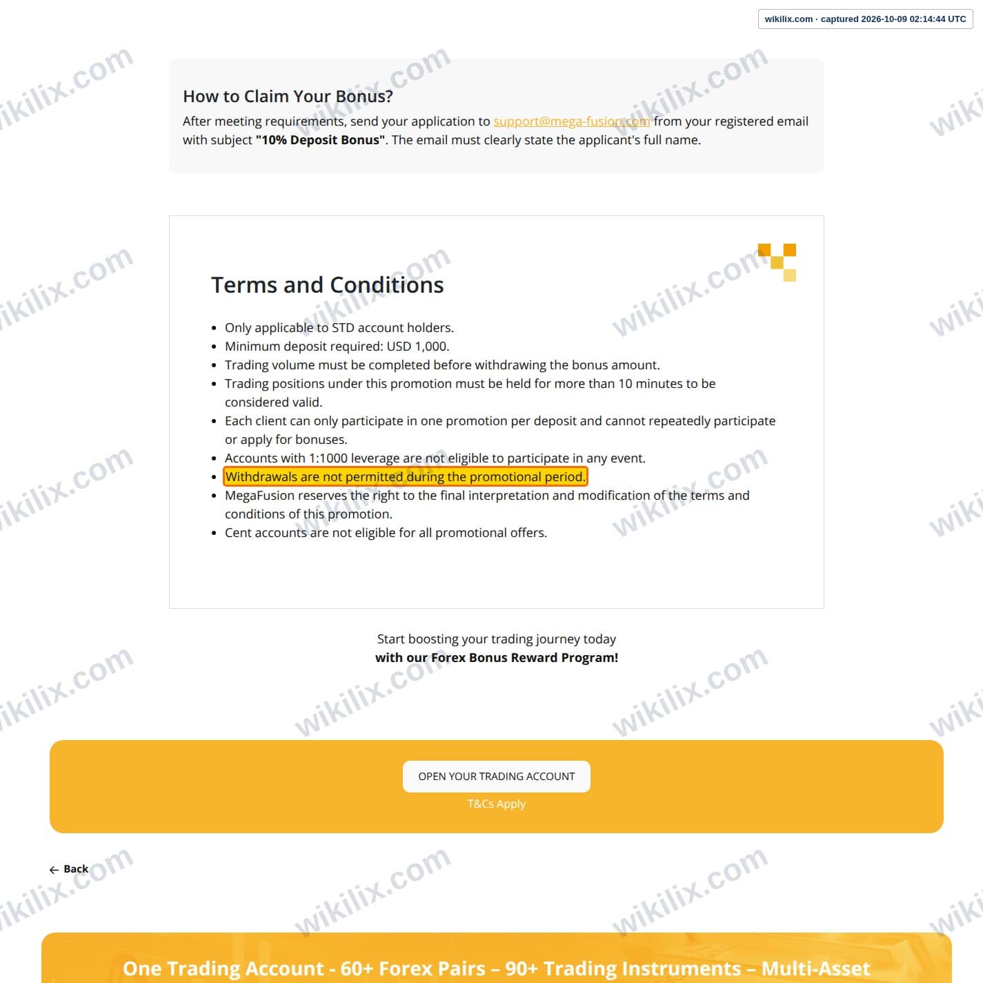 Our full page screenshot of the page this clause sits on, on MEGA FUSION's site mega-fusion.com, taken on Oct 9, 2026. The quoted words are marked in the image.