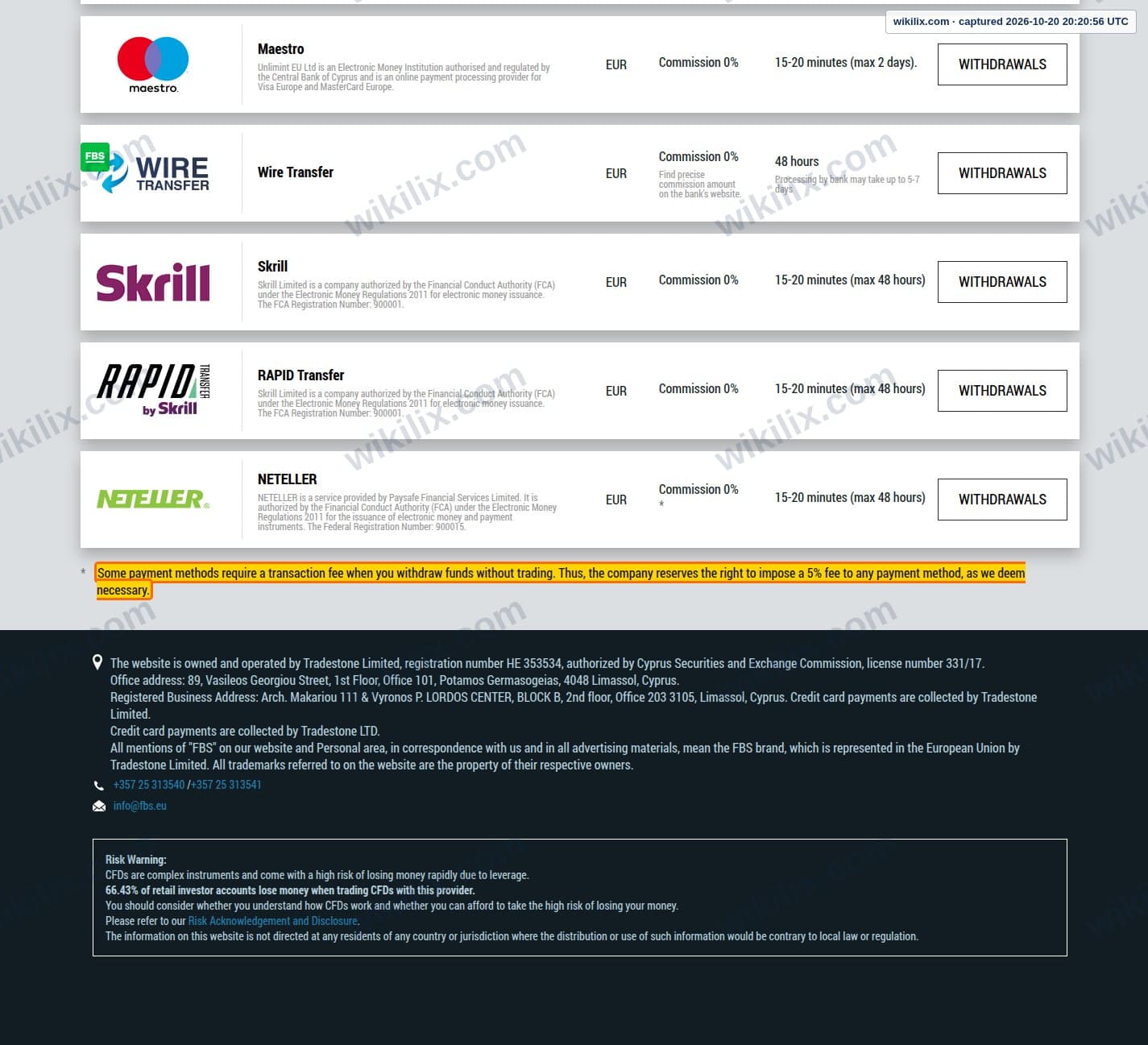 Our full page screenshot of the page that makes this promise, on FBS's site fbs.eu, taken on Oct 20, 2026. The quoted words are marked in the image.