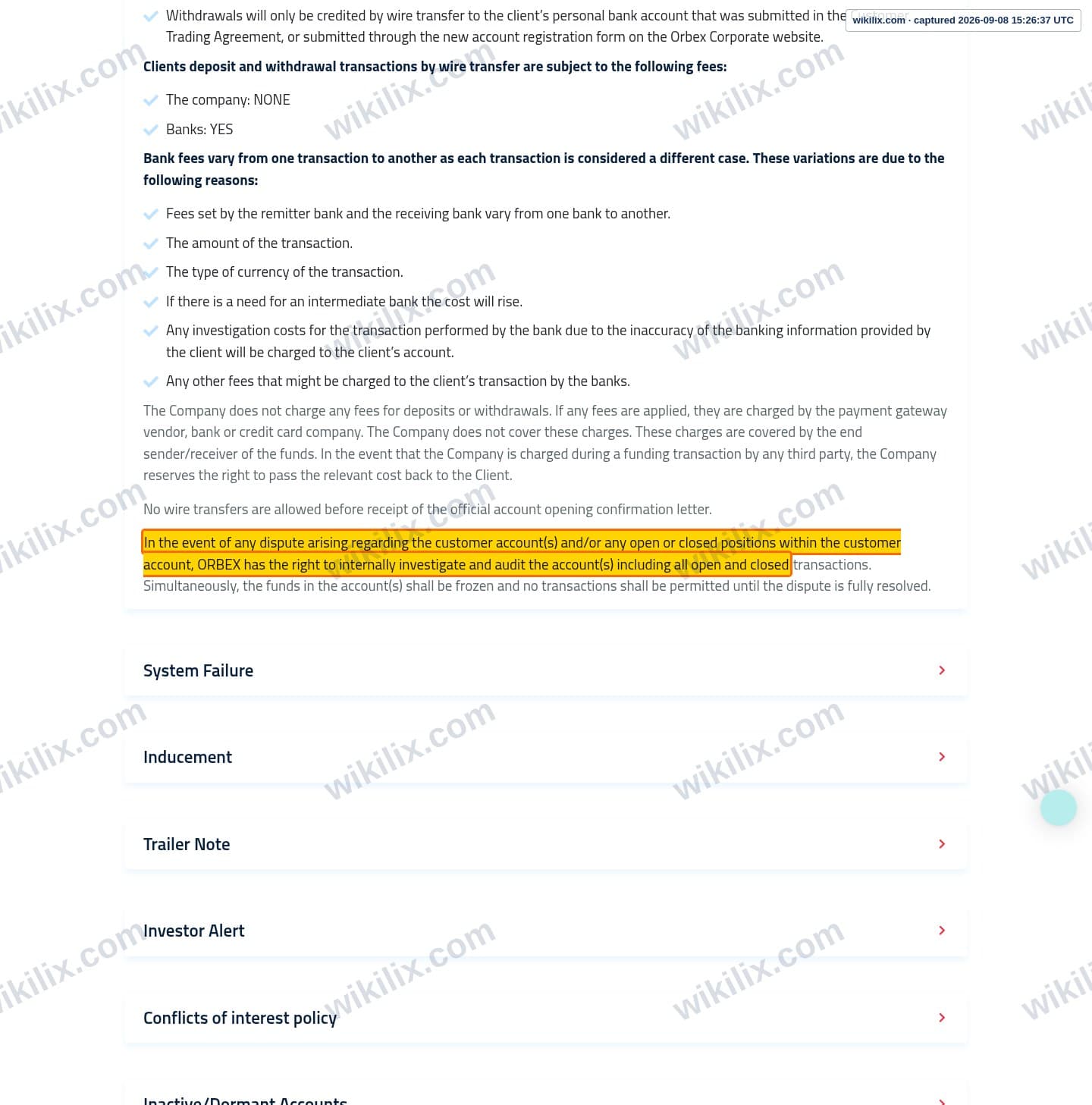 Our full page screenshot of the page this clause sits on, on Orbex's site orbex.com, taken on Sep 8, 2026. The quoted words are marked in the image.