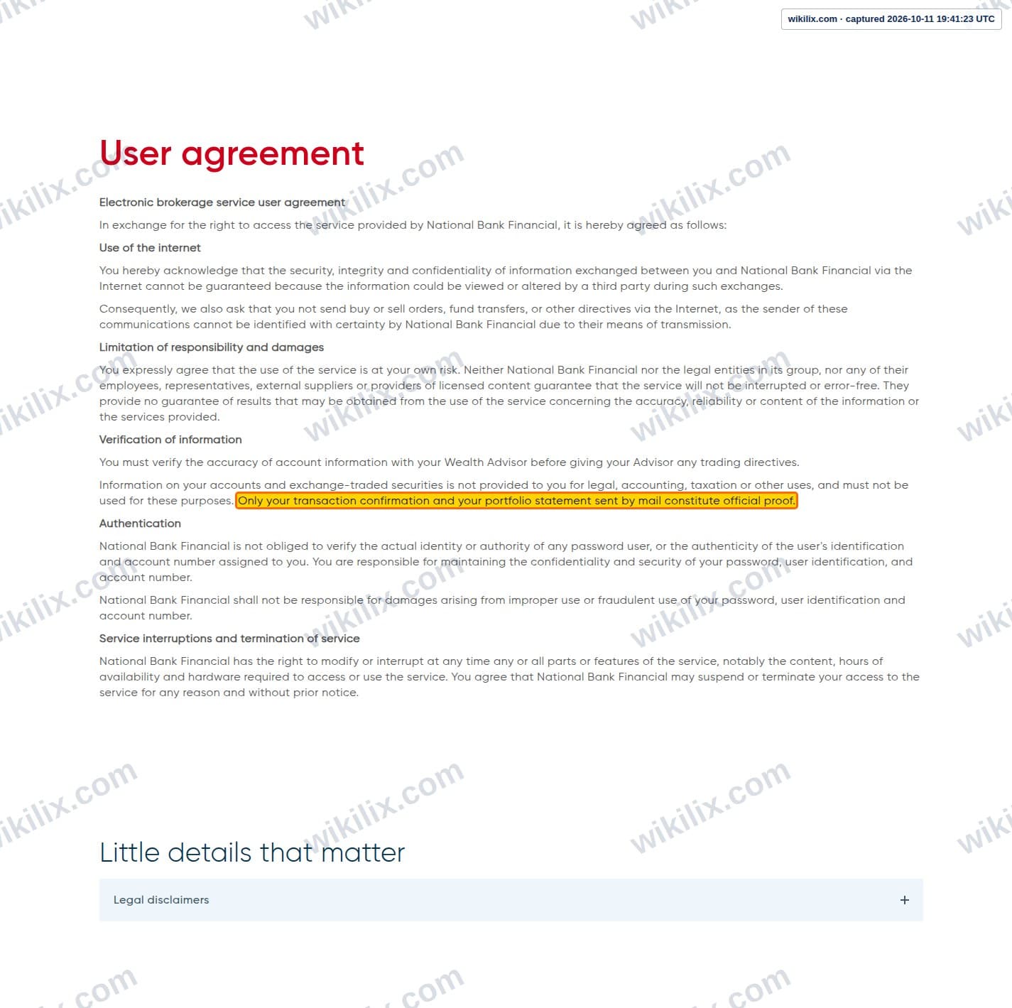 Our full page screenshot of the page this clause sits on, on NBF's site nbfwm.ca, taken on Oct 11, 2026. The quoted words are marked in the image.