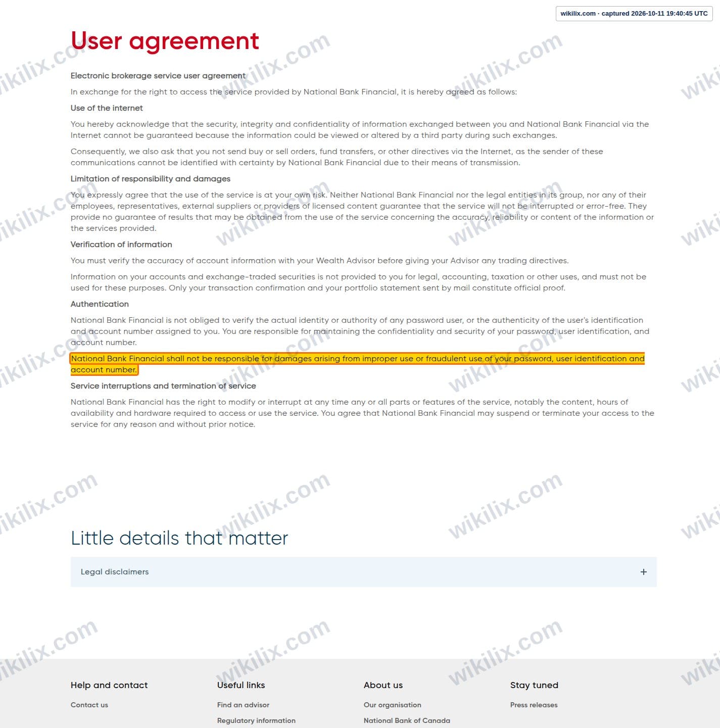 Our full page screenshot of the page this clause sits on, on NBF's site nbfwm.ca, taken on Oct 11, 2026. The quoted words are marked in the image.