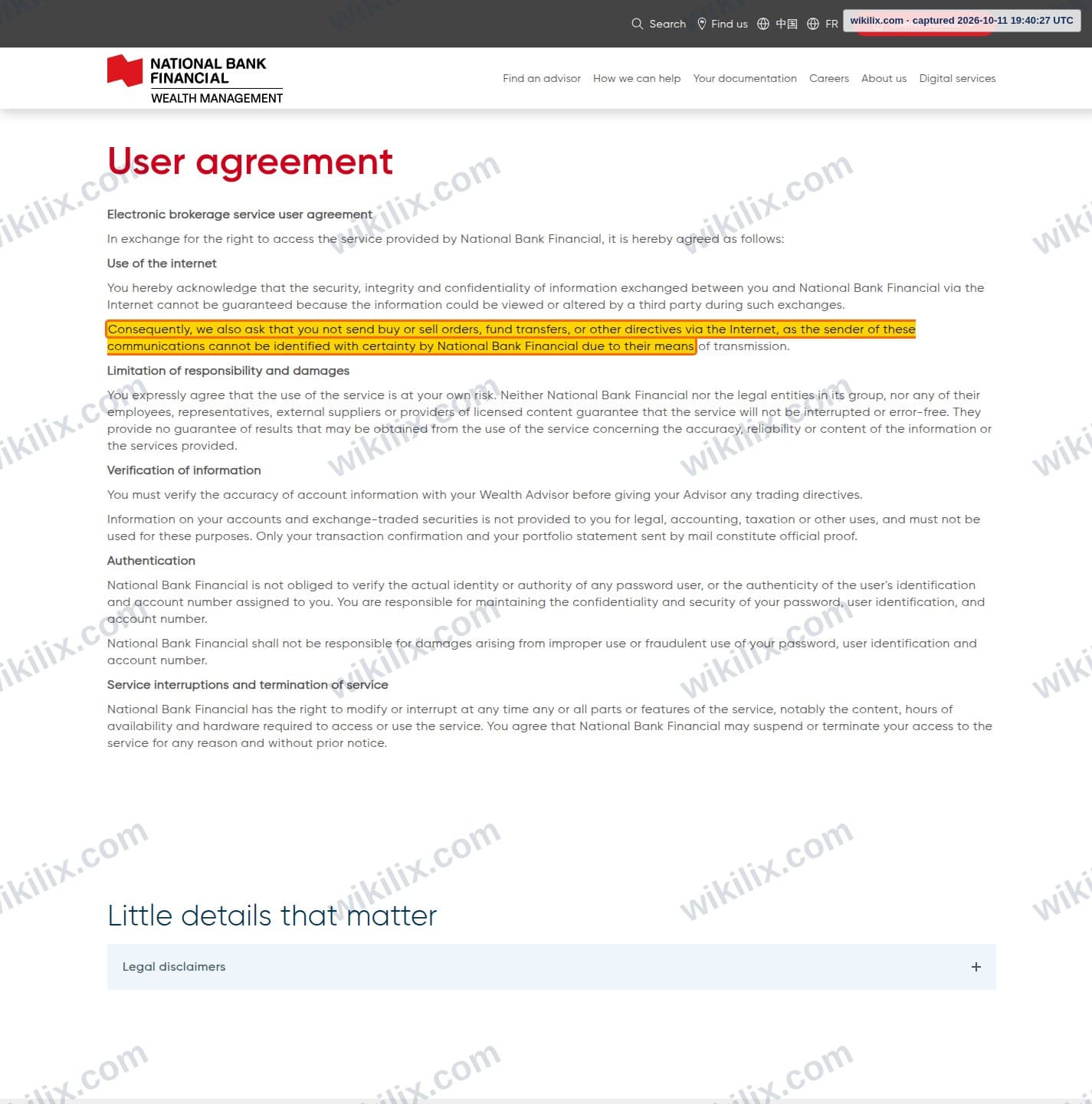 Our full page screenshot of the page this clause sits on, on NBF's site nbfwm.ca, taken on Oct 11, 2026. The quoted words are marked in the image.
