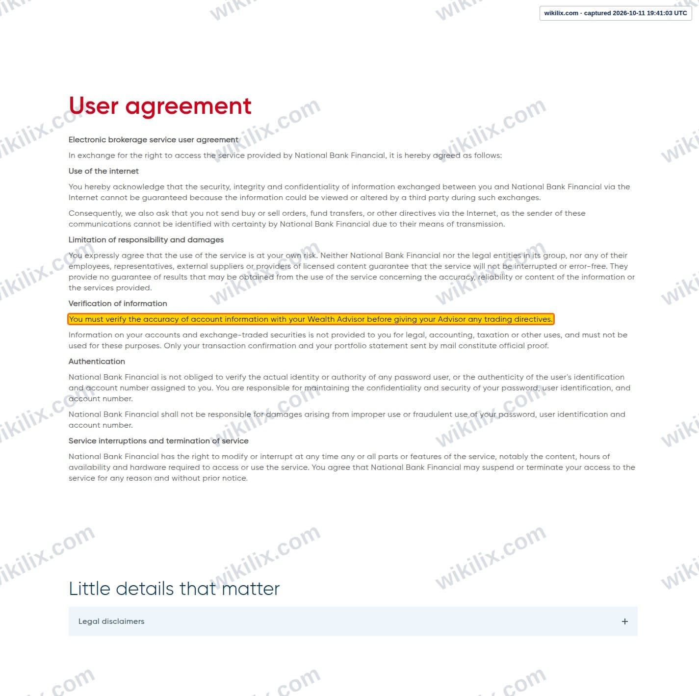 Our full page screenshot of the page this clause sits on, on NBF's site nbfwm.ca, taken on Oct 11, 2026. The quoted words are marked in the image.